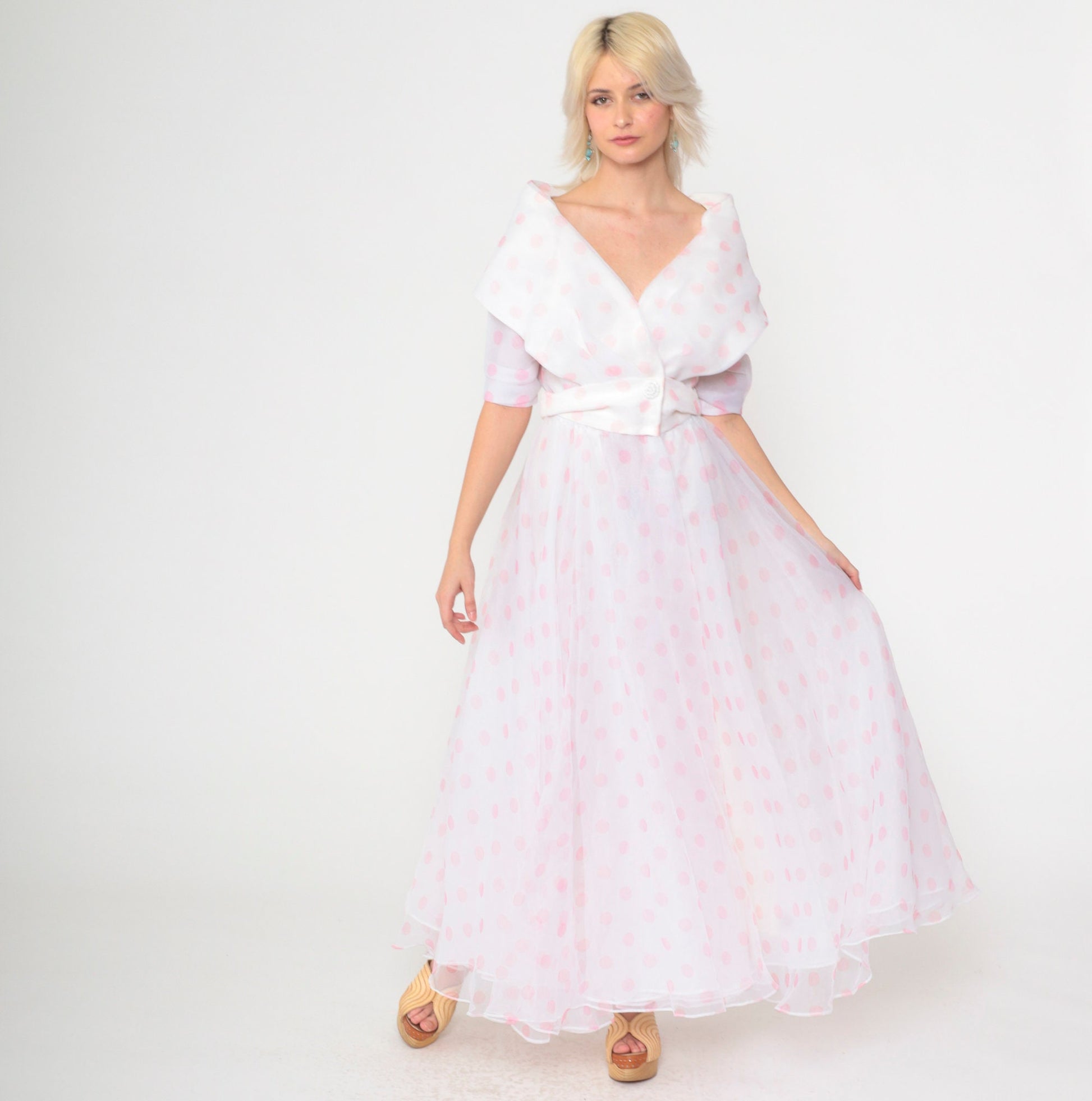 90s White Polka Dot Chiffon Maxi Dress Portrait Collar Pink Small 4
