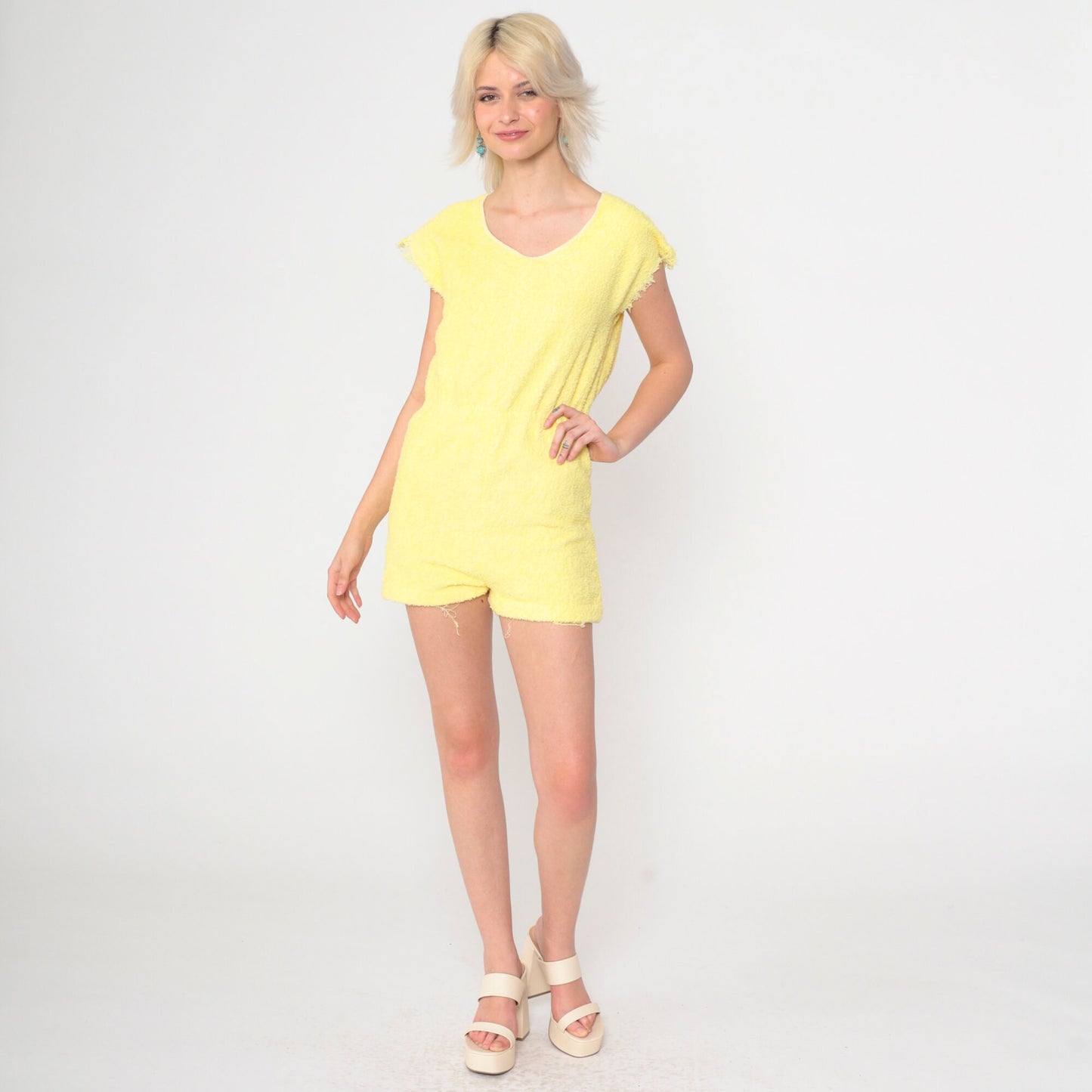 80s Yellow Terry Cloth Romper Playsuit Frayed Cap Sleeve Elastic Waist Extra Small