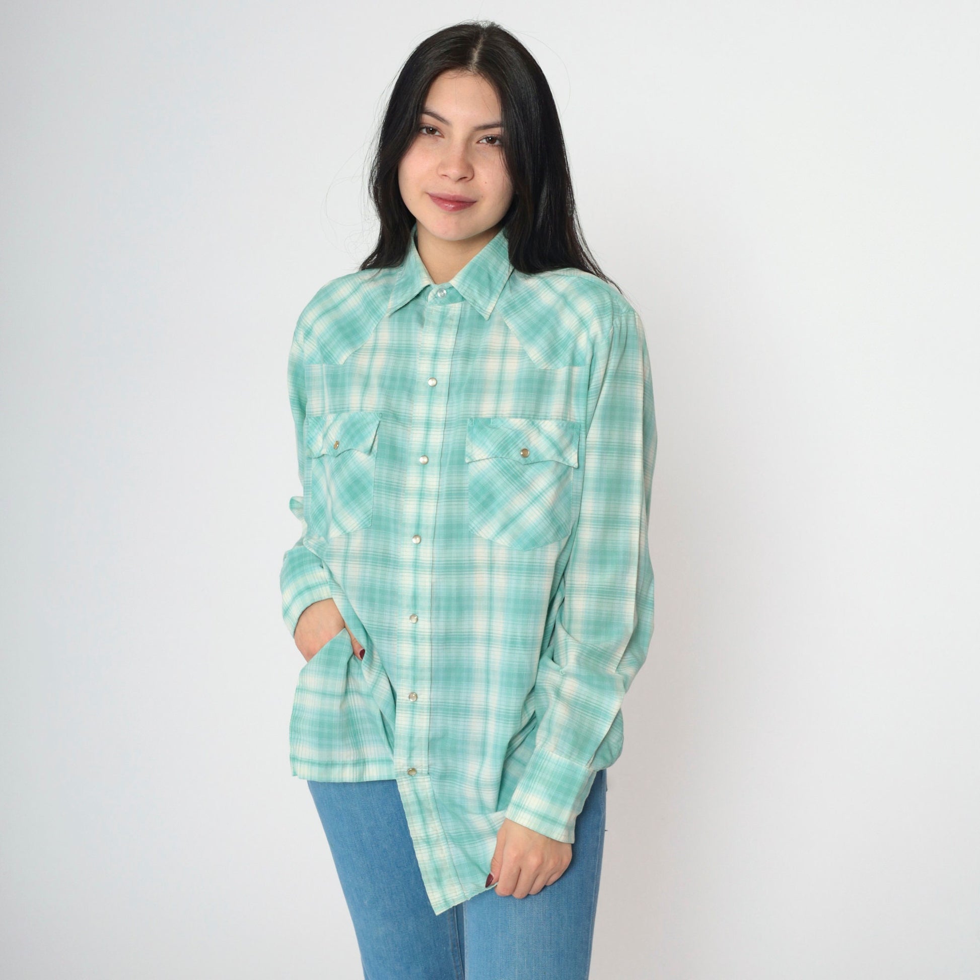 90s Mervyn's Western Shirt Seafoam Plaid Pearl Snap Men's Medium