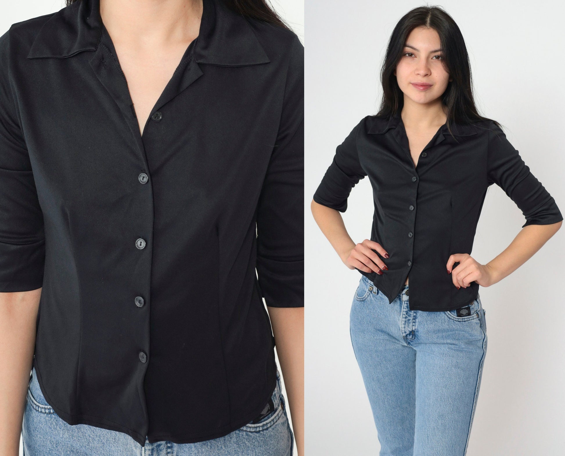 90s Black Button-Up Blouse Half Sleeve Collared Shirt Extra Small