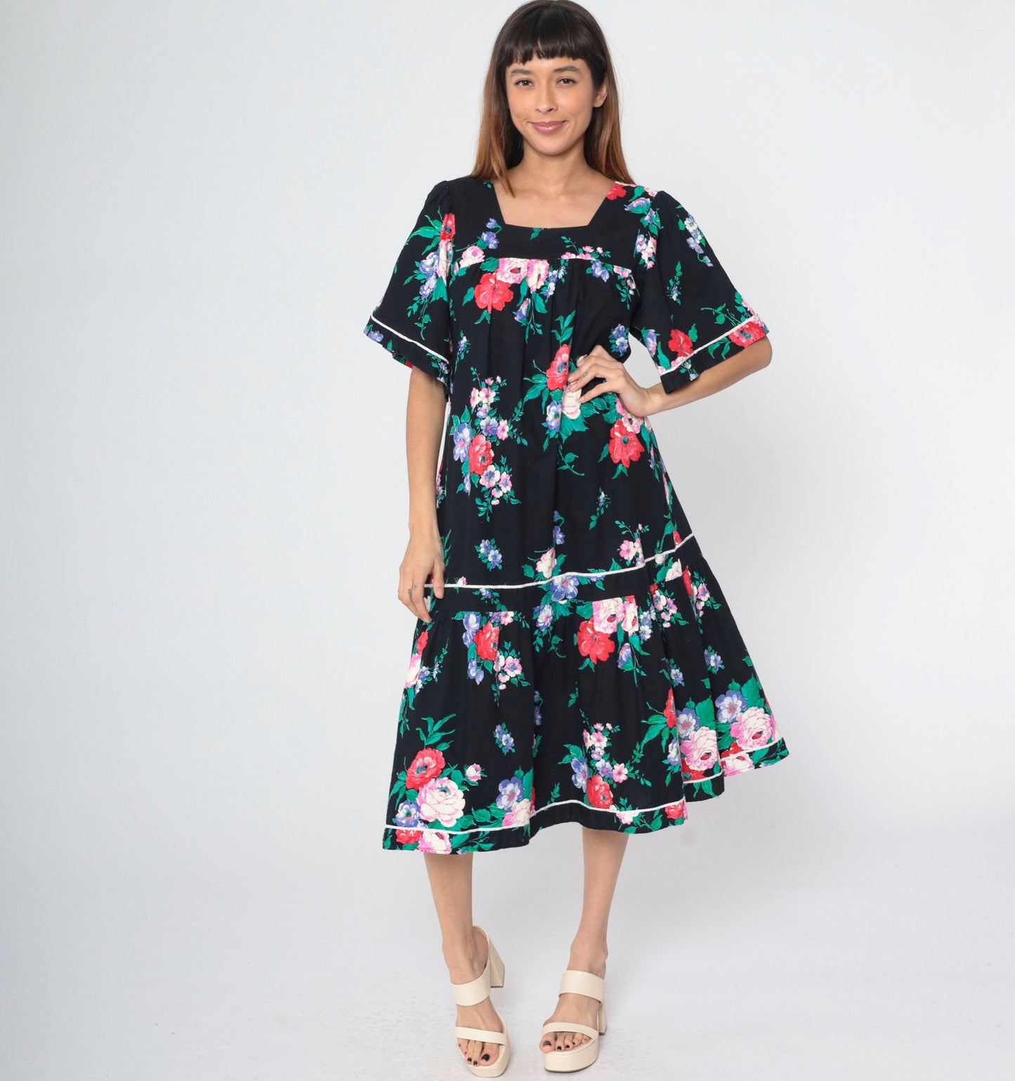 90s Black Floral Midi Dress Puff Sleeve Tent Cut Square Neckline Medium
