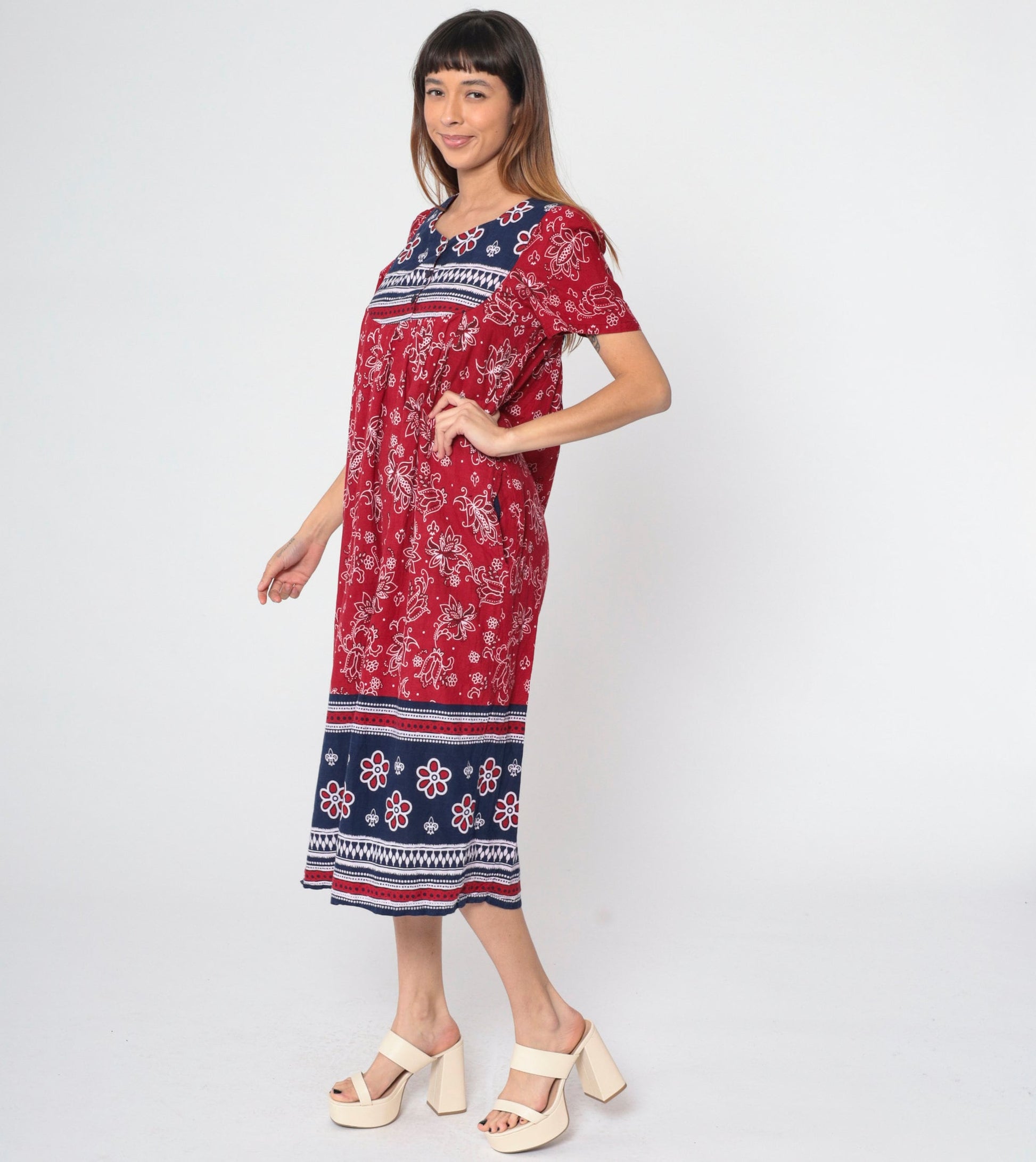 90s Red Floral Handkerchief Print Cotton Midi Dress Puff Sleeve Small