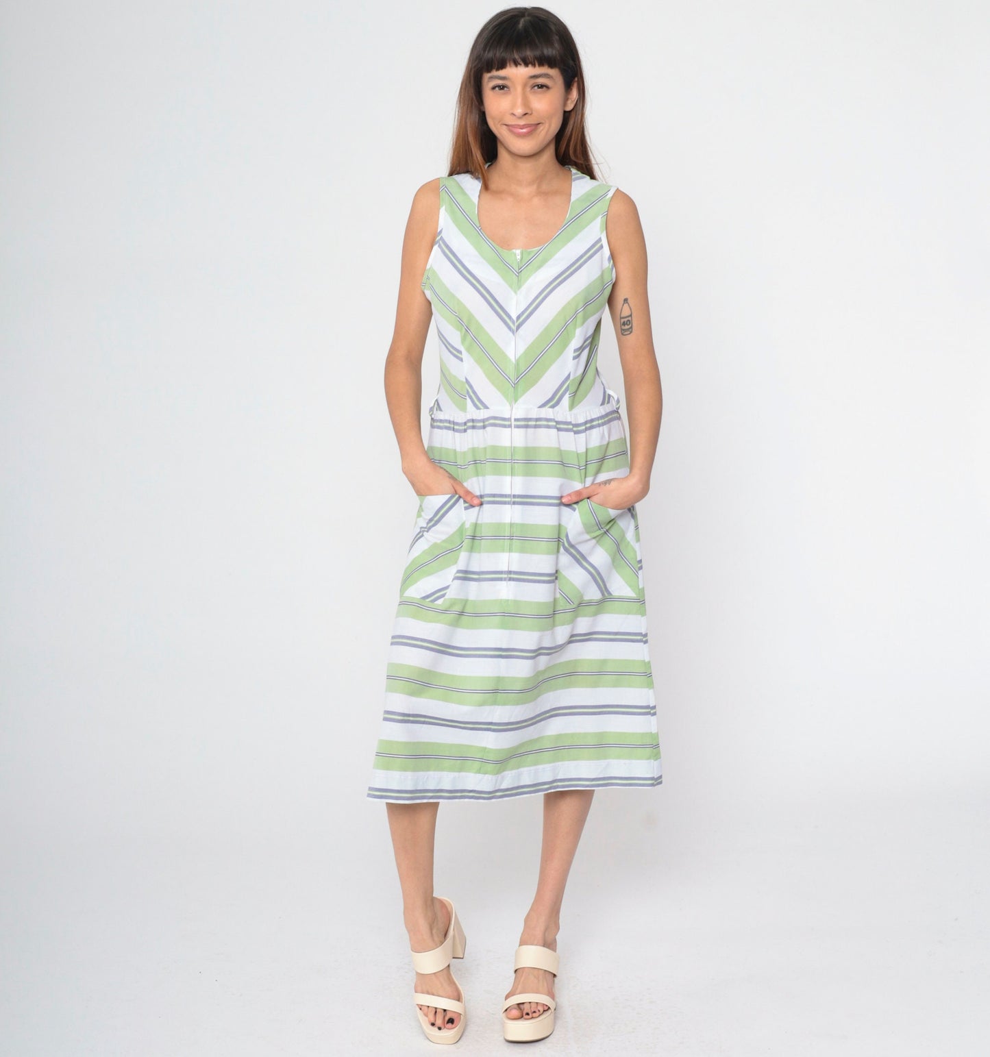 70s Mod Shift Dress Green White Chevron Striped Midi Front Zip Small Medium