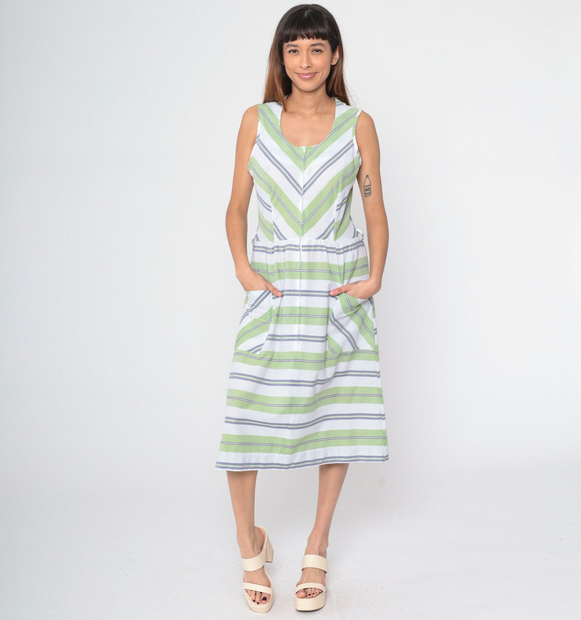 70s Mod Shift Dress Green White Chevron Striped Midi Front Zip Small Medium