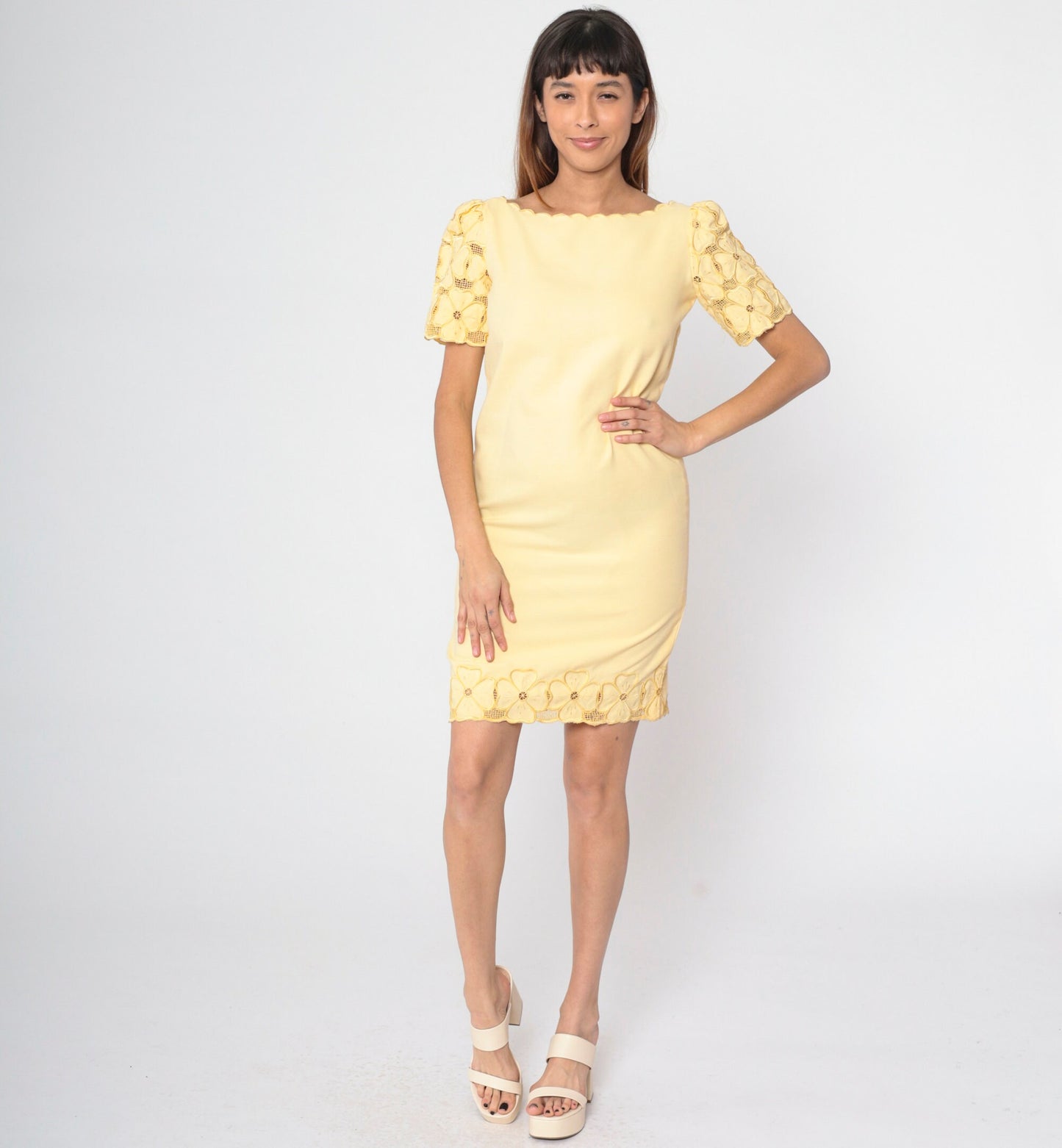 90s Yellow Floral Cutwork Mini Dress Puff Sleeve Scalloped Small