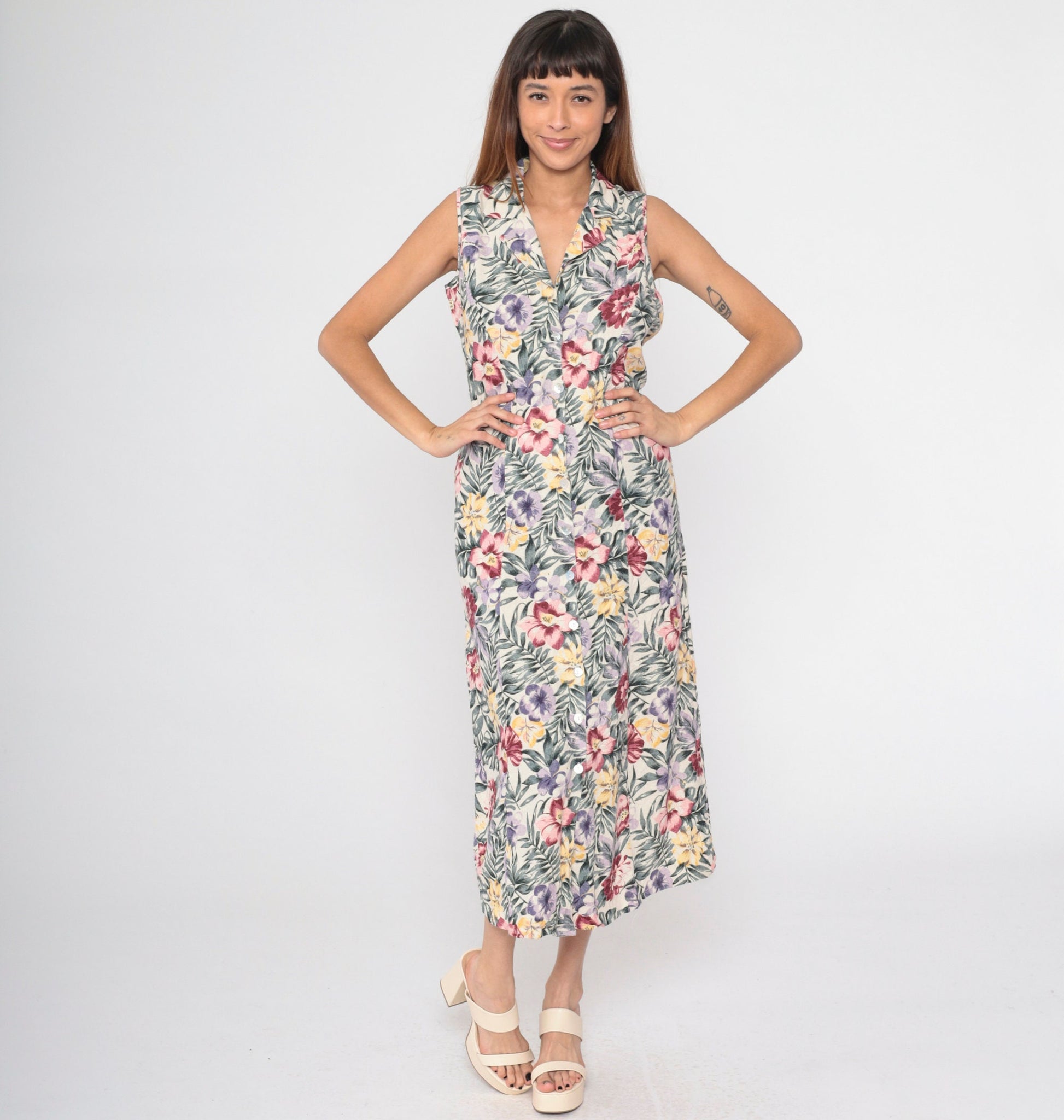 90s O'Kief Silk Floral Midi Dress Tropical Print Off-White Sleeveless Medium