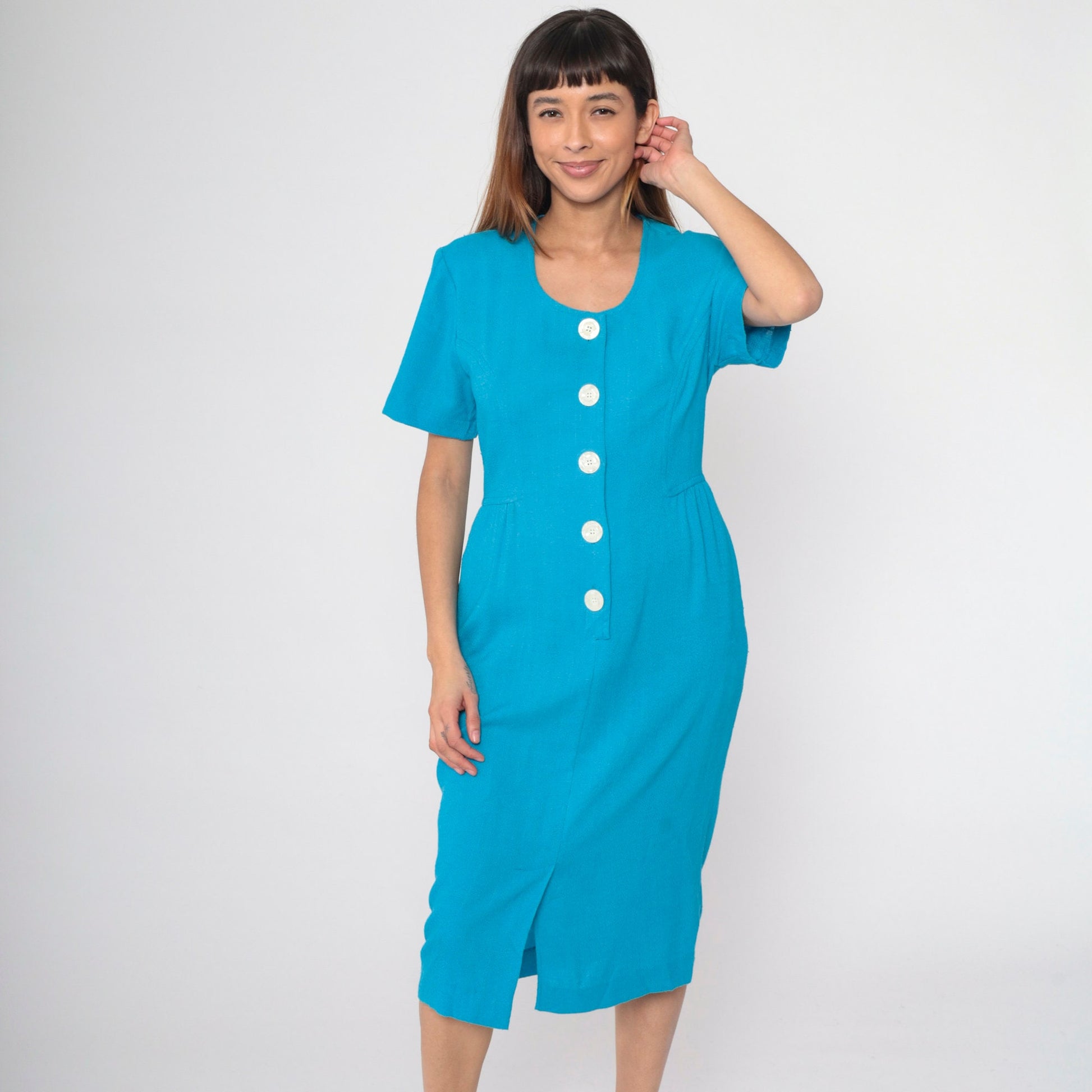 80s Bright Blue Button-Up Midi Sheath Dress Short Sleeve Pencil Skirt Medium 8