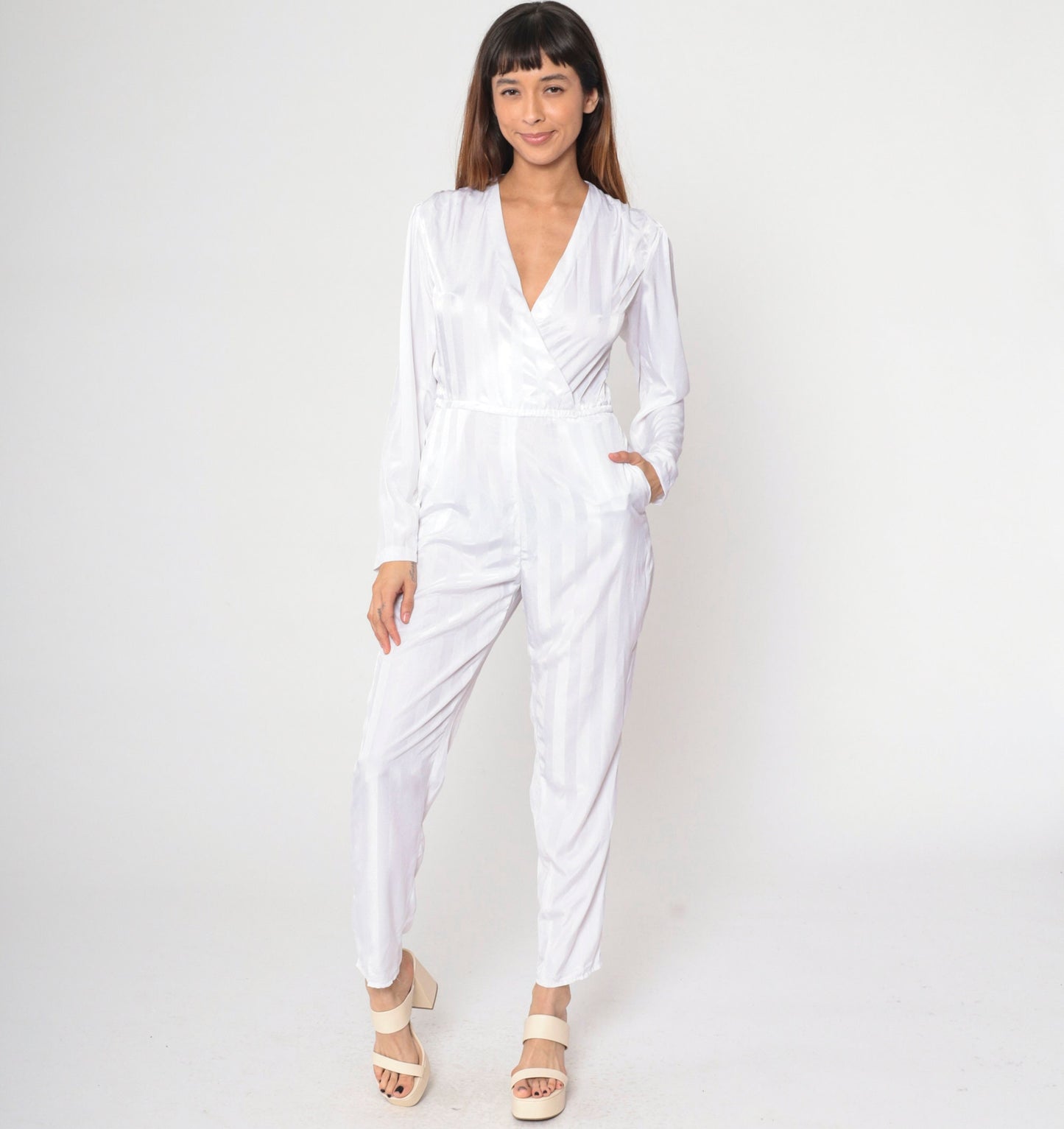 80s White Striped Puff Sleeve Jumpsuit V Neck Tapered Pantsuit Small S