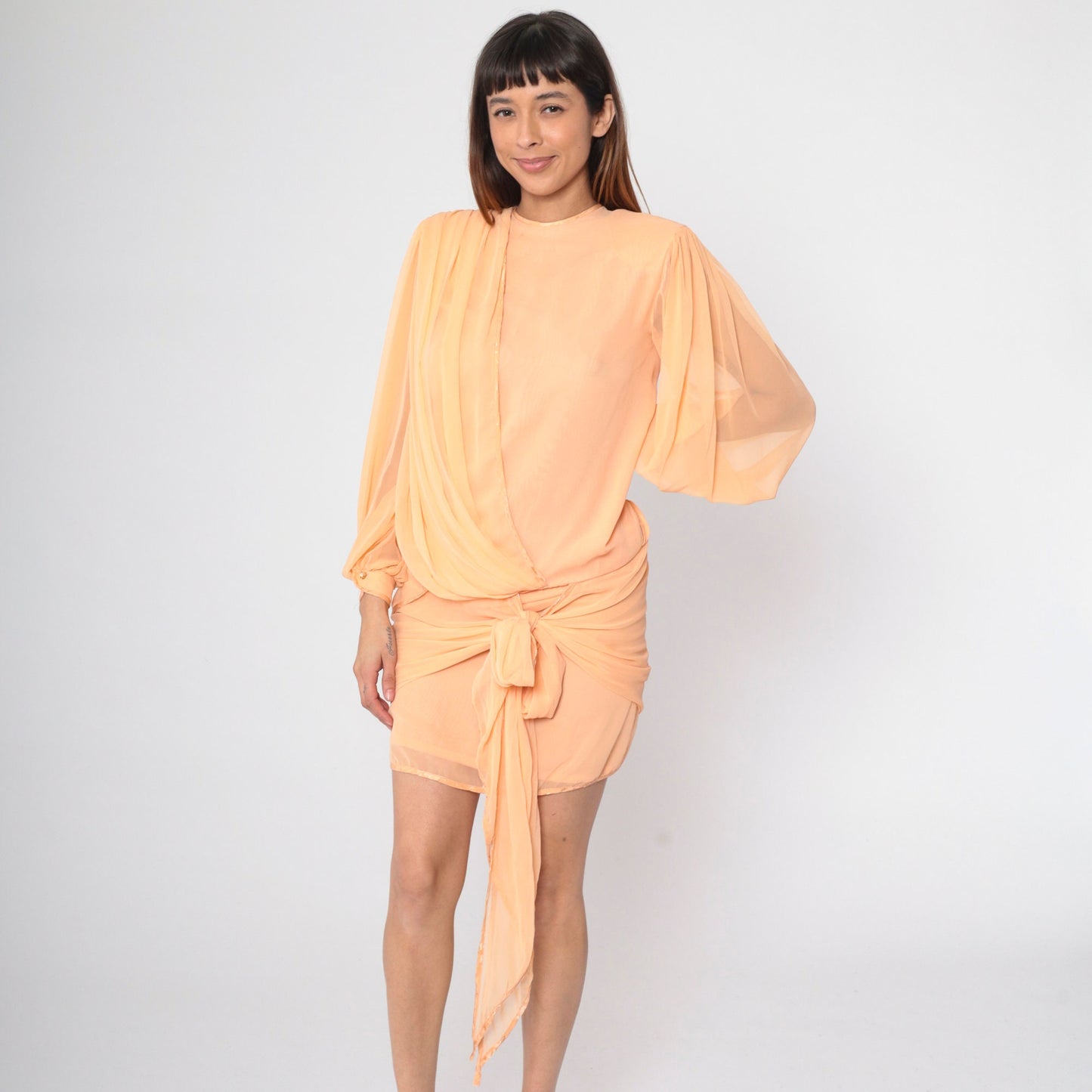 80s Peach Chiffon Shift Dress Puff Sleeve Draped Bodice Small