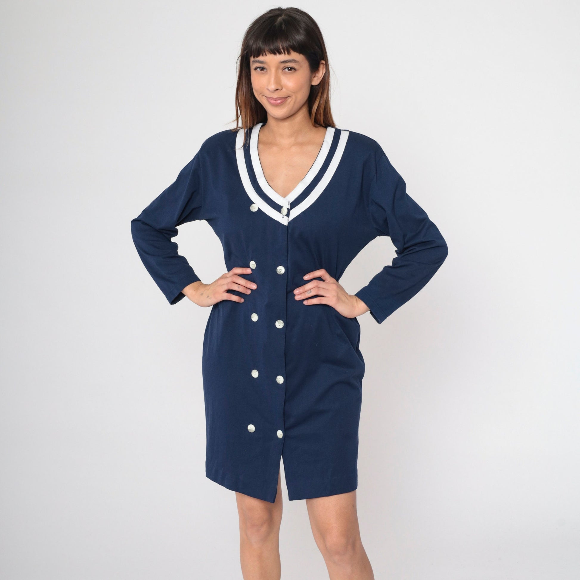 90s Navy Double Breasted Shirtdress White Striped Mini Long Sleeve Medium
