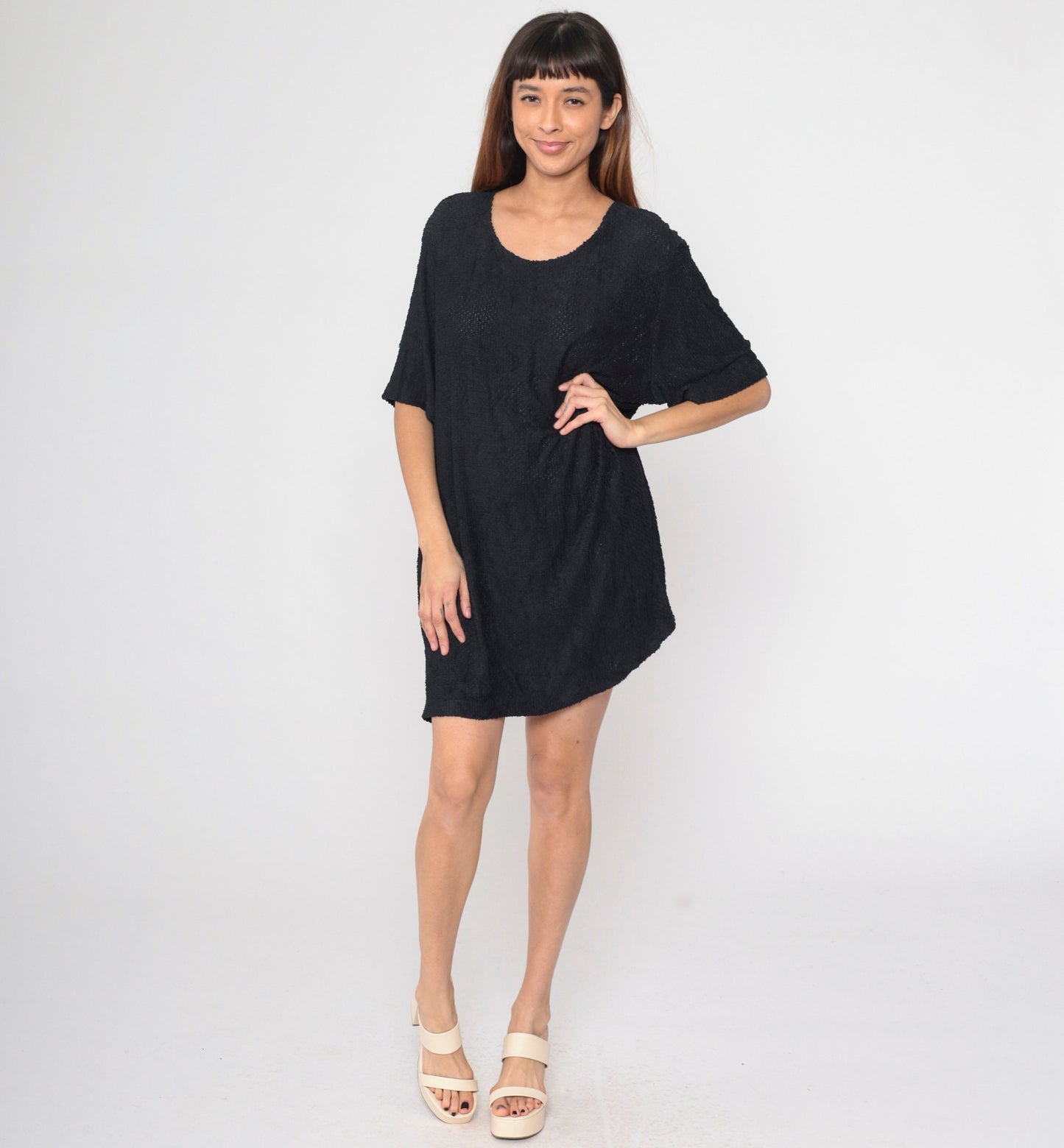 90s Black Semi-Sheer Openwork Shift Dress Plus Size XXL
