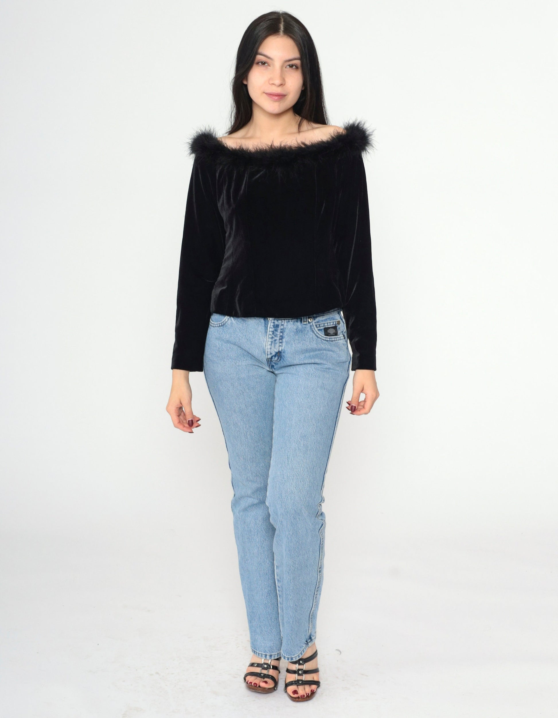 90s Alex Evenings Black Velvet Off-Shoulder Blouse Feather Trim Long Sleeve Large