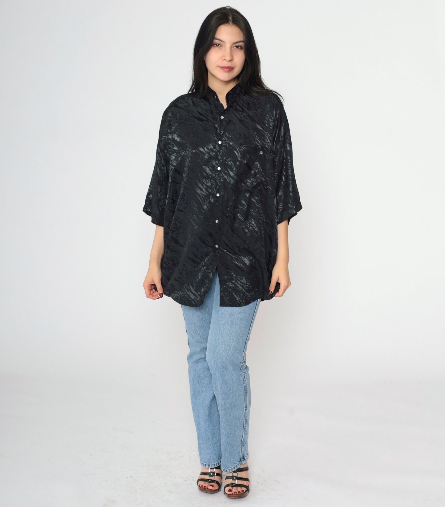 90s Animal Print Shiny Black Button-Up Shirt Zebra Leopard Stripe Large L