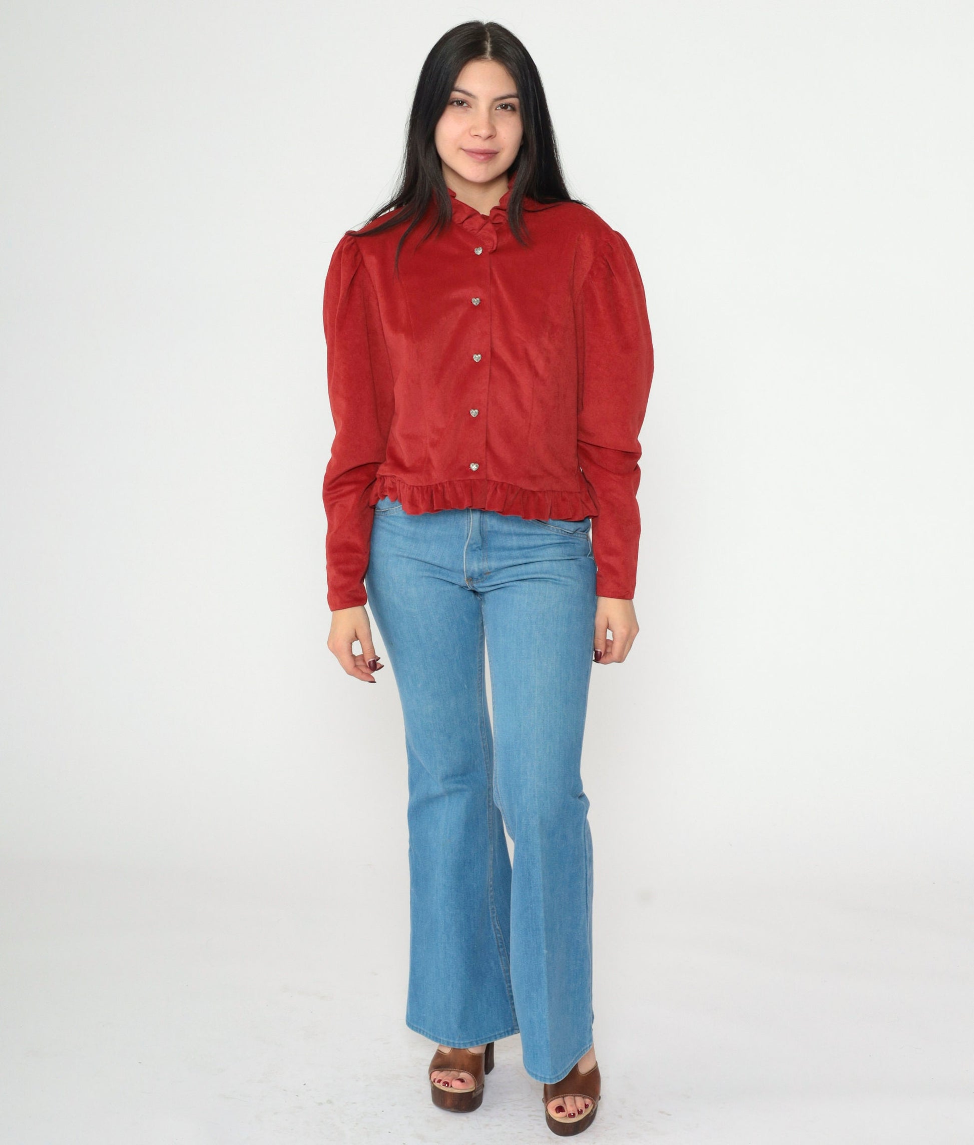 70s Red Velour Button-Up Blouse Puff Sleeve Ruffled Heart Medium
