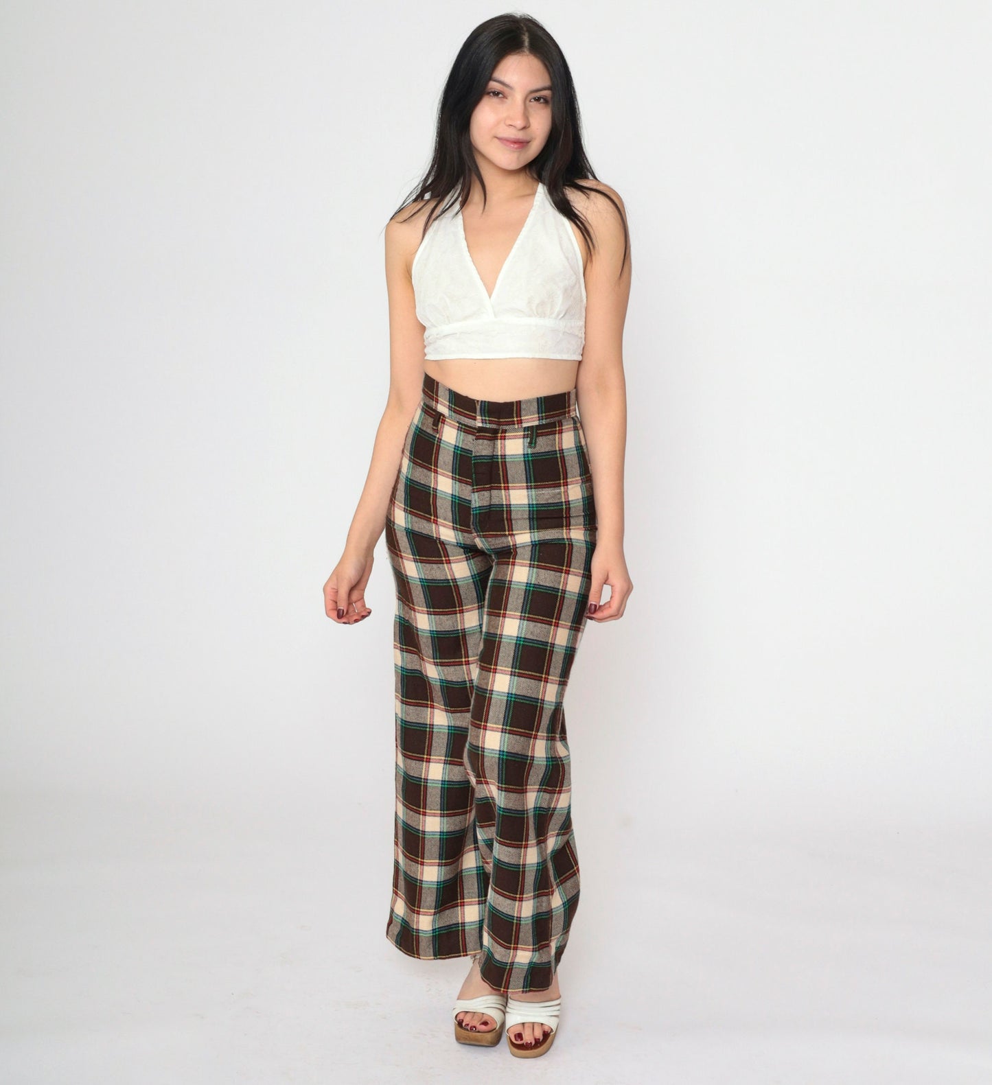 70s Dark Brown Plaid Flared Trousers High Waisted Bell Bottoms Extra Small