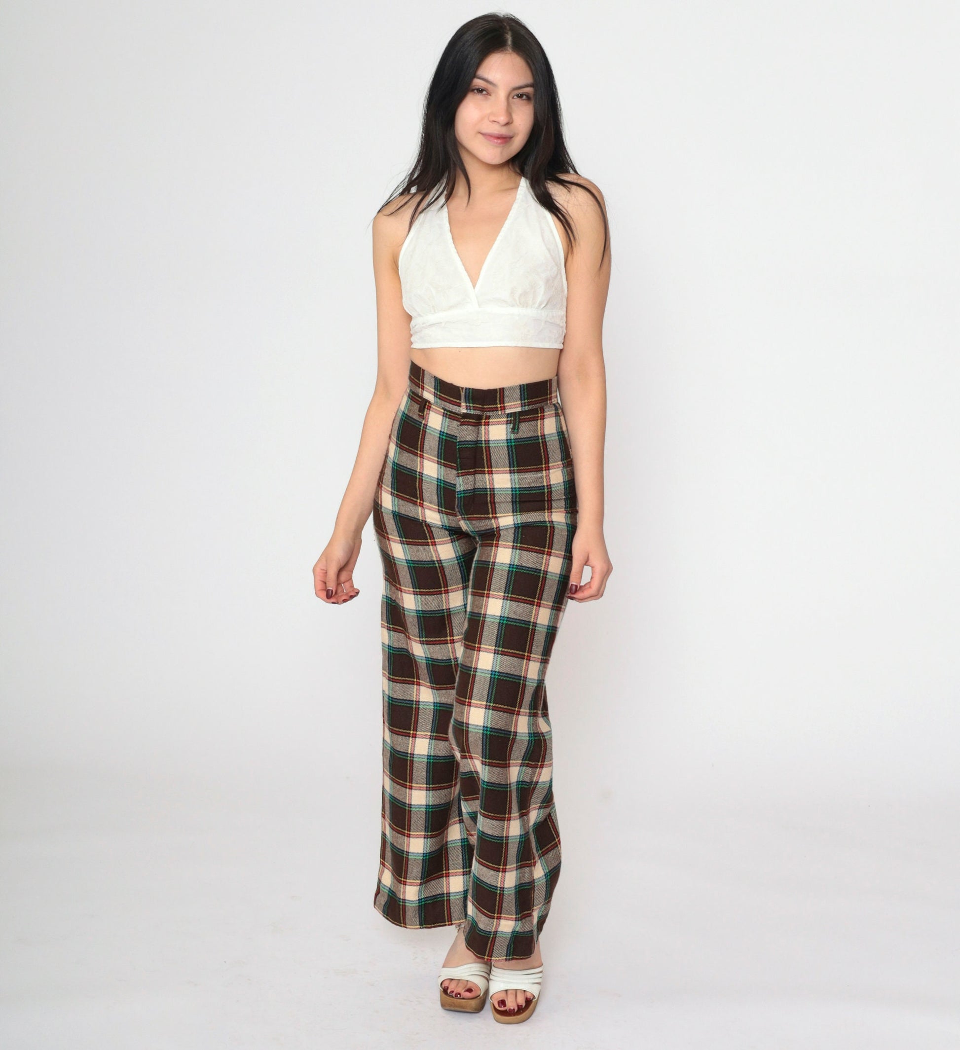 70s Dark Brown Plaid Flared Trousers High Waisted Bell Bottoms Extra Small