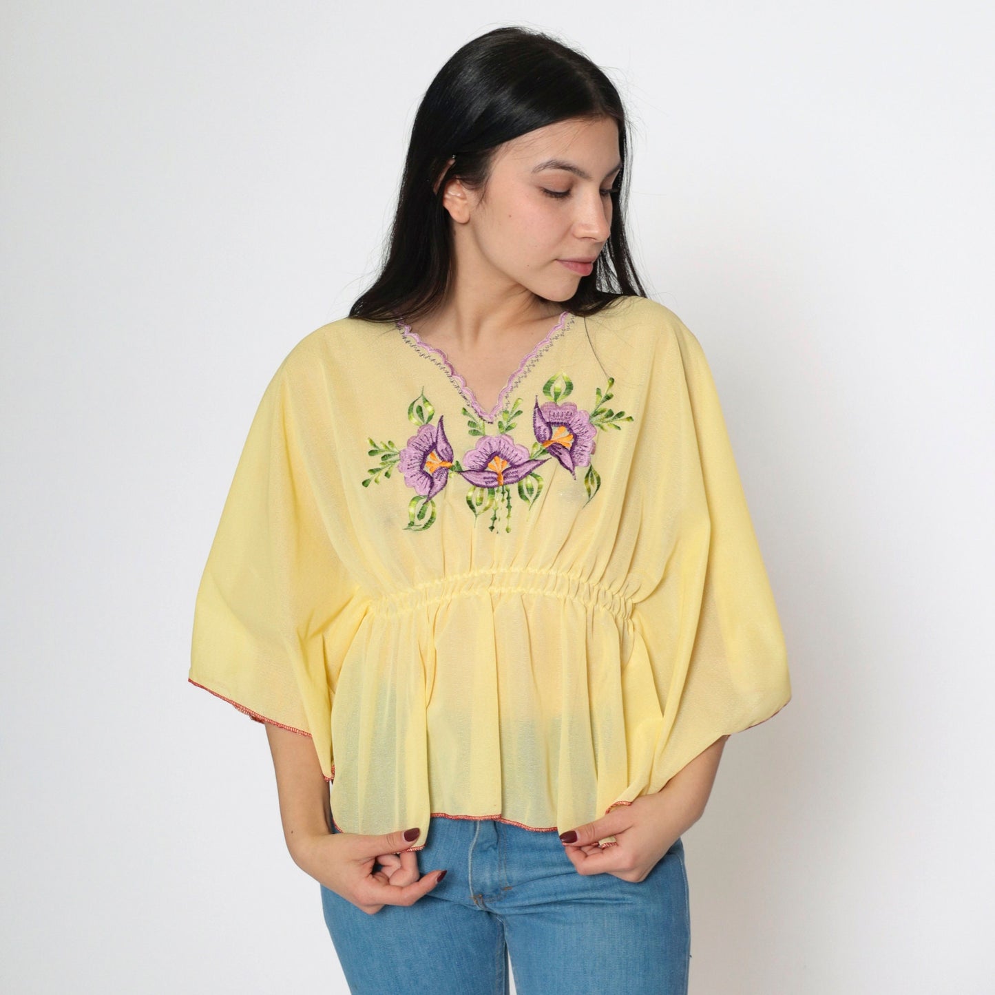 70s Yellow Floral Embroidered Caftan Top Sheer V-Neck Small Medium