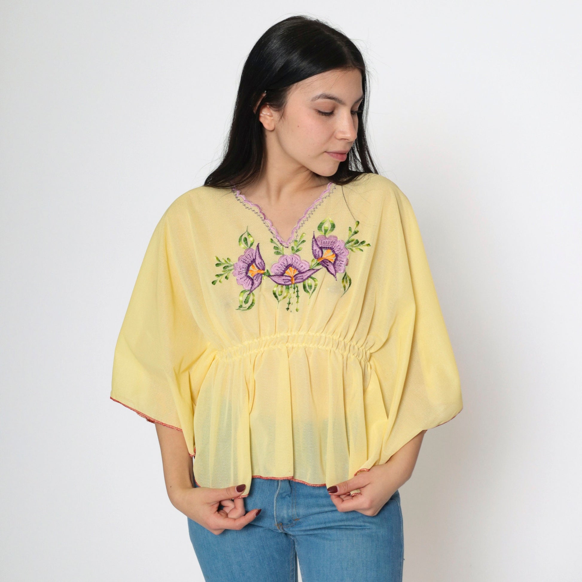 70s Yellow Floral Embroidered Caftan Top Sheer V-Neck Small Medium