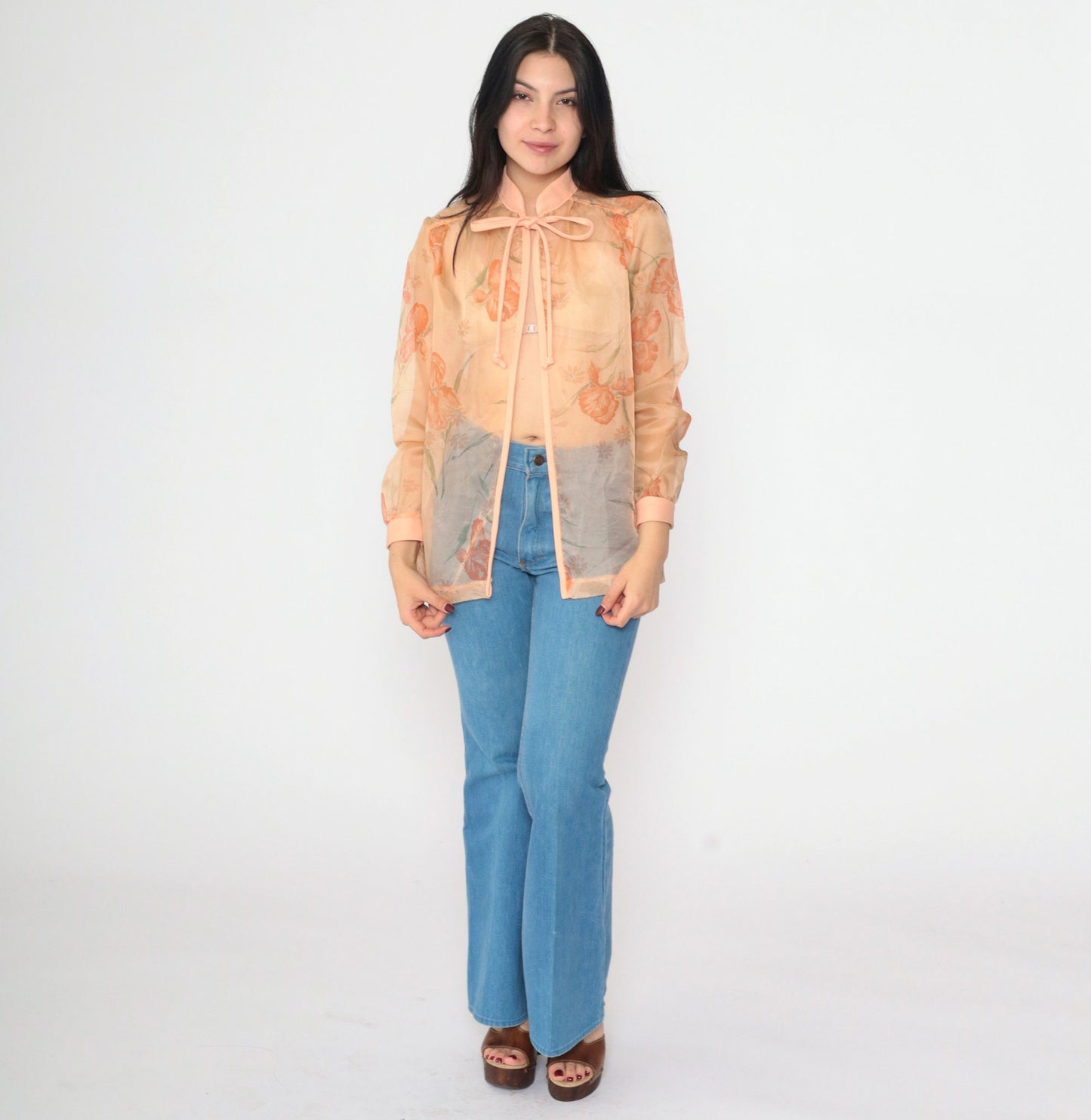 70s Sheer Floral Open Front Jacket Orange Tie Neck Medium