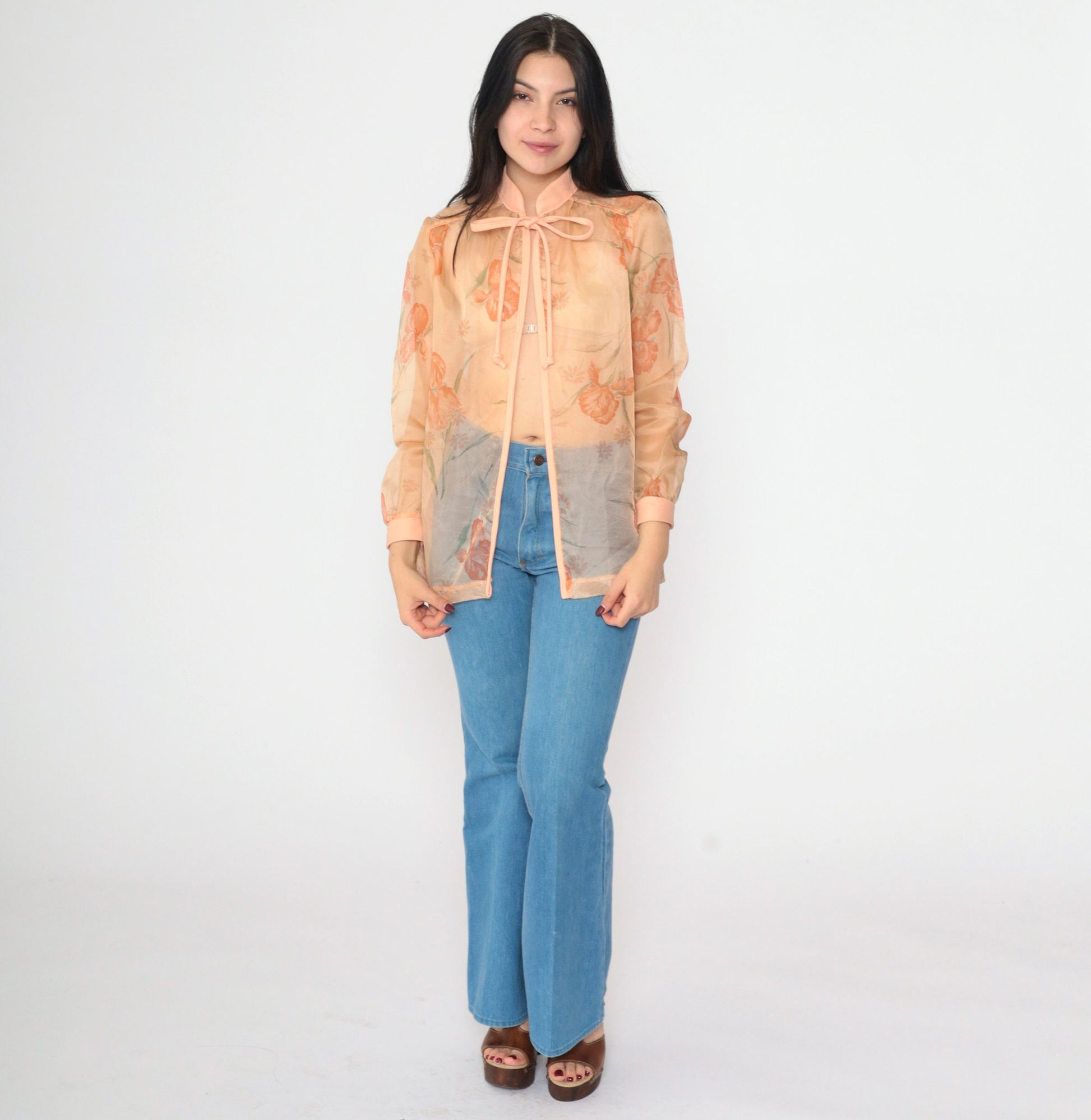70s Sheer Floral Open Front Jacket Orange Tie Neck Medium