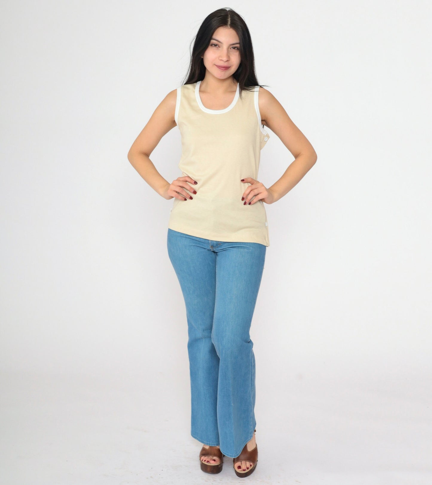 80s Jantzen Beige Tank Top Ringer Trim Scoop Neck Small