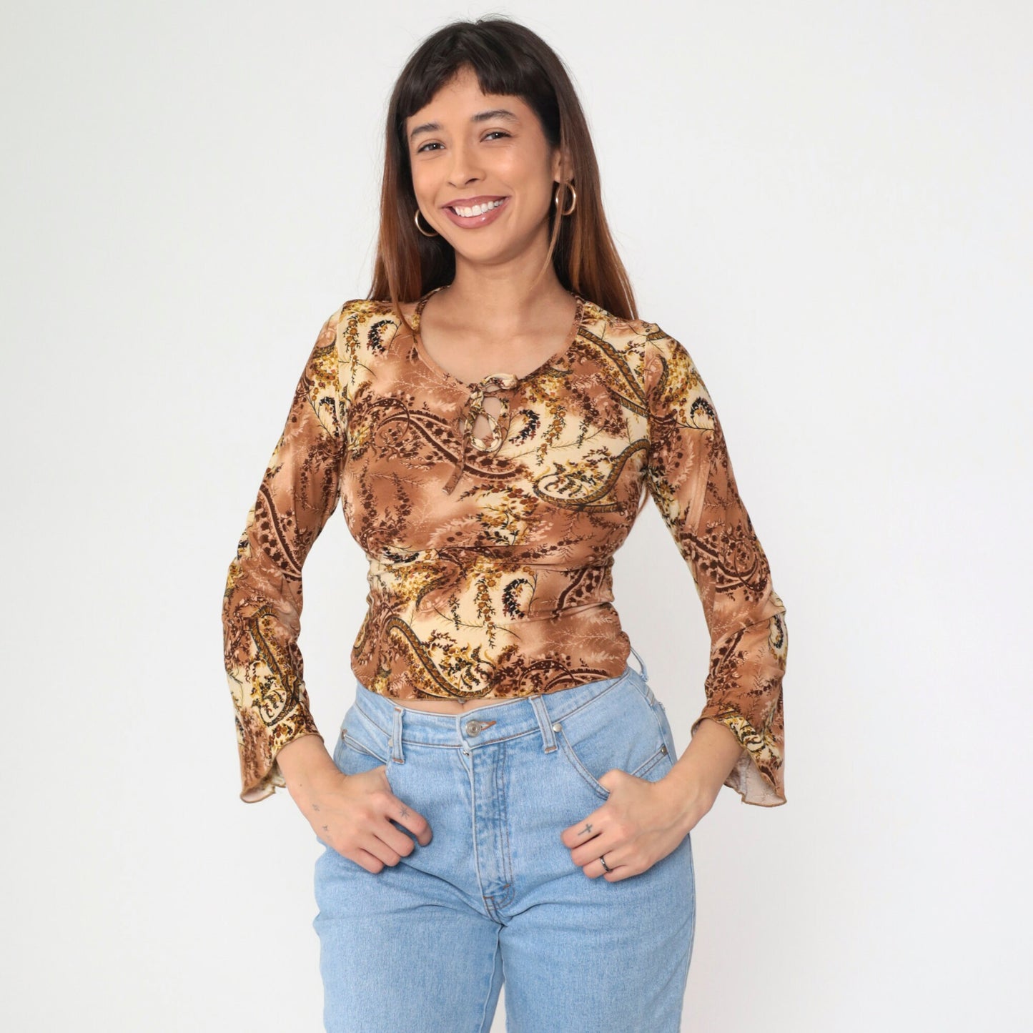 Y2K Paisley Keyhole Blouse Scoop Neck Bell Sleeve Brown Small