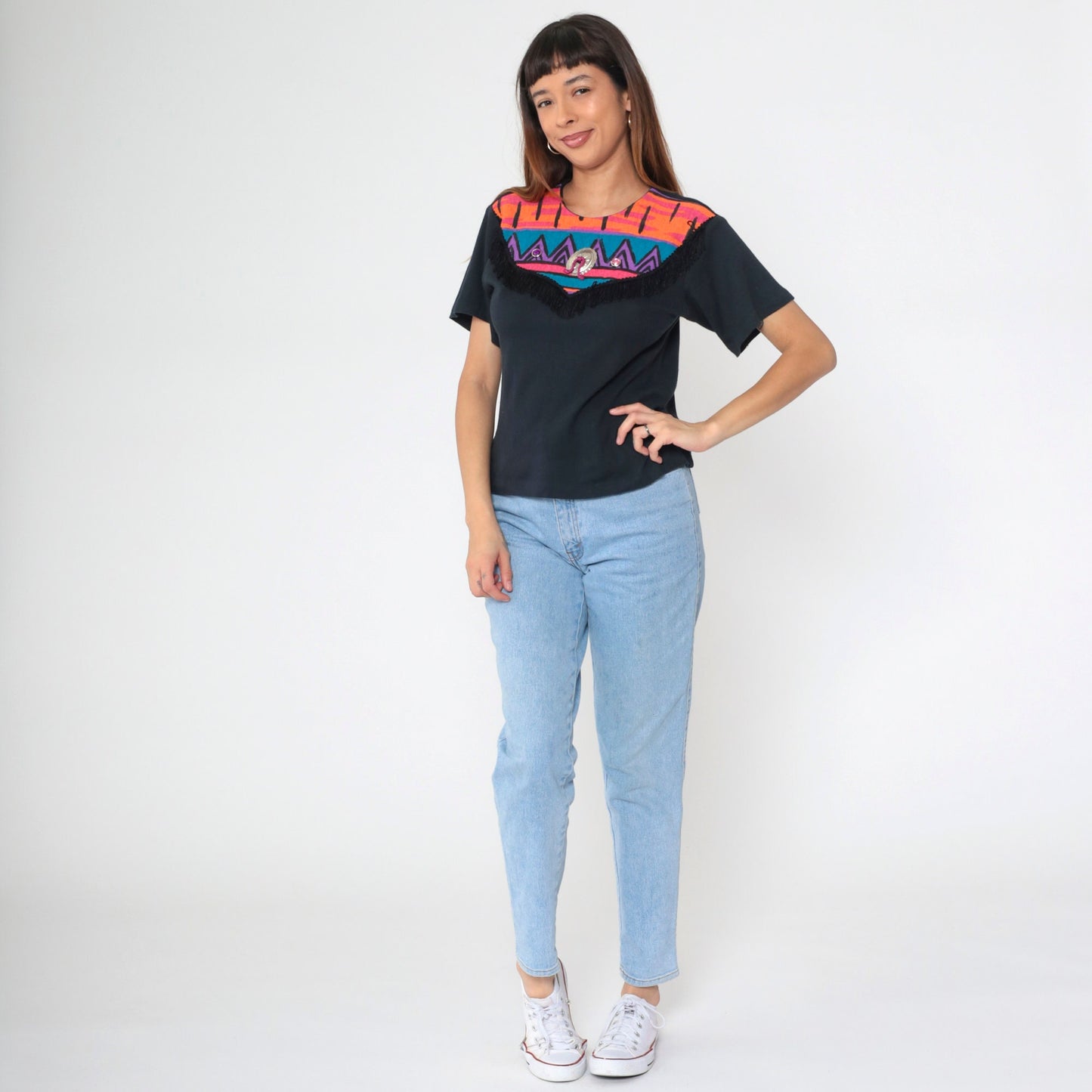 90s Southwest Fringe T-Shirt Black Rhinestone Yoke Small