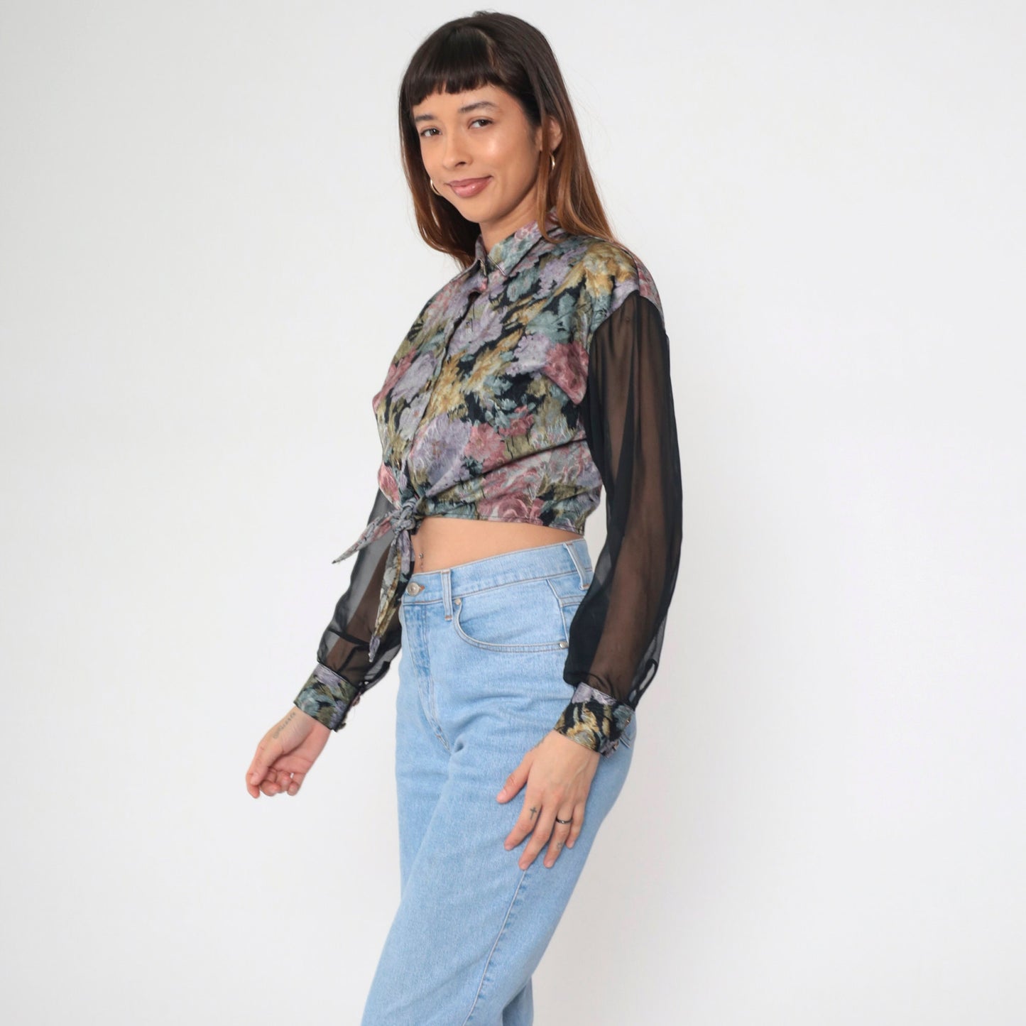 90s Floral Crop Top Button Up Blouse Sheer Chiffon Sleeves Small