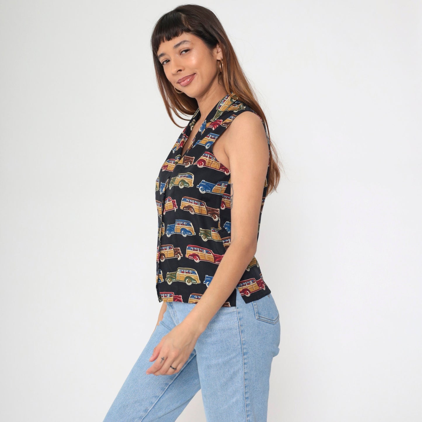 90s Classic Car Print Sleeveless Button-Up Blouse White Collar Small