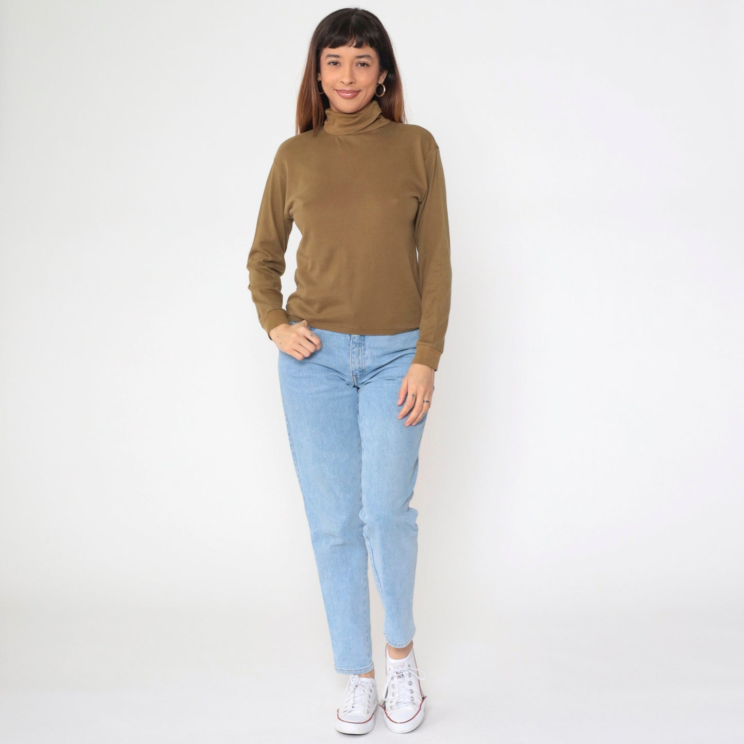 90s Brown Turtleneck Long Sleeve Shirt Cotton Blend Medium