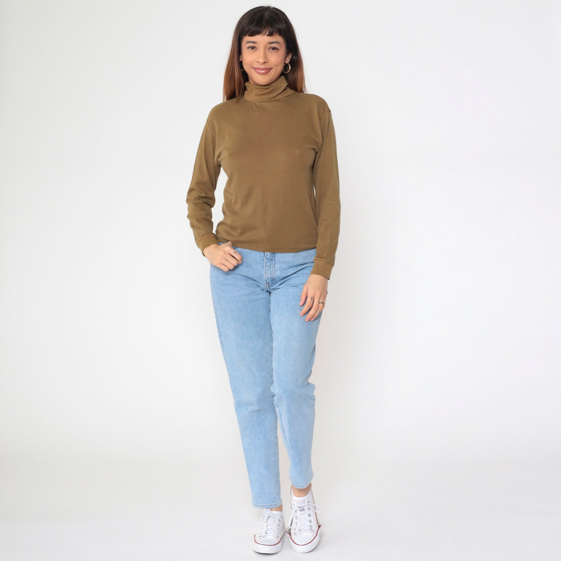 90s Brown Turtleneck Long Sleeve Shirt Cotton Blend Medium