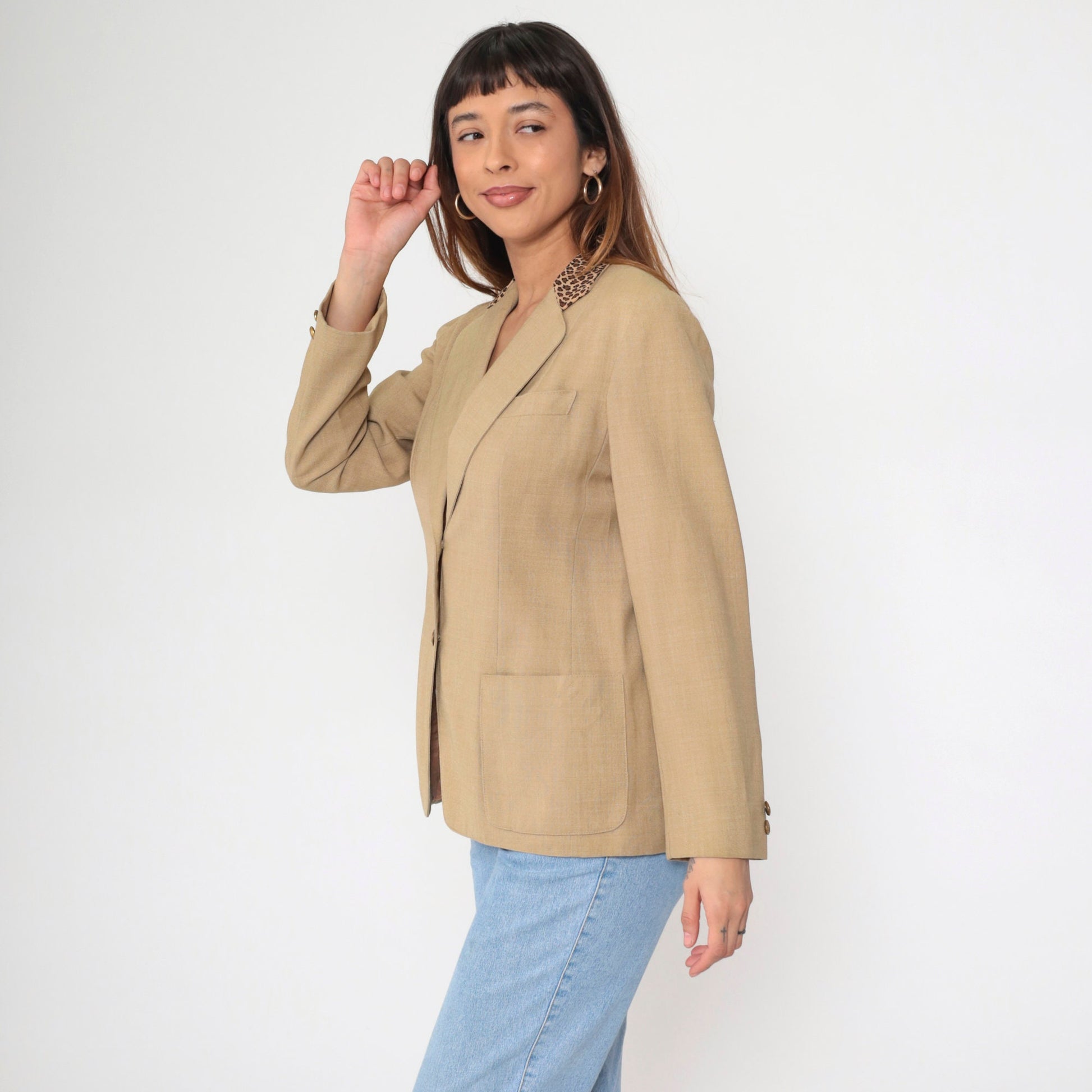90s Tan Blazer Leopard Print Collar Deep V Neck Princess Seam Small S