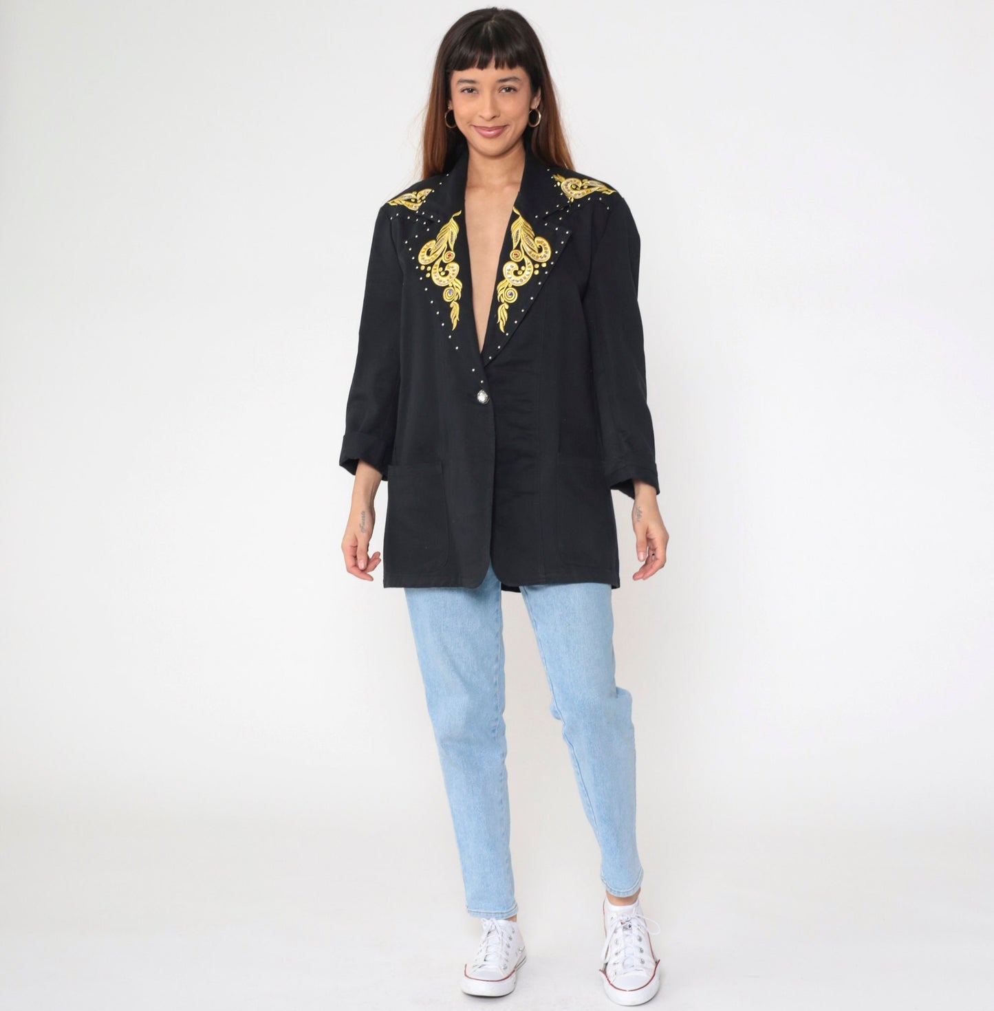 90s Black Blazer Gold Embroidered Rhinestone Studs Single Button Medium