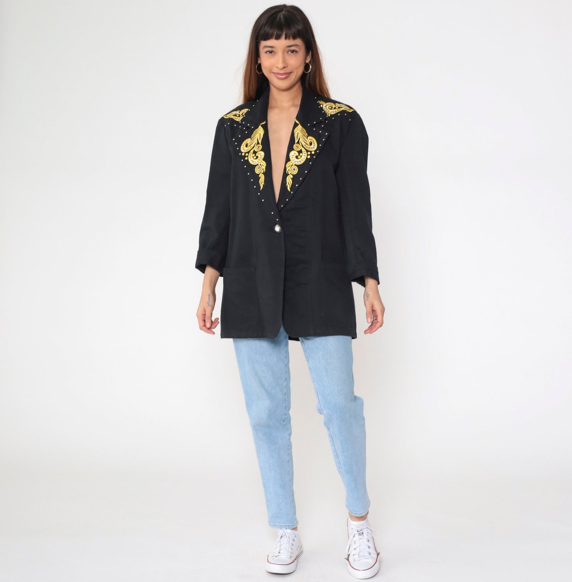 90s Black Blazer Gold Embroidered Rhinestone Studs Single Button Medium