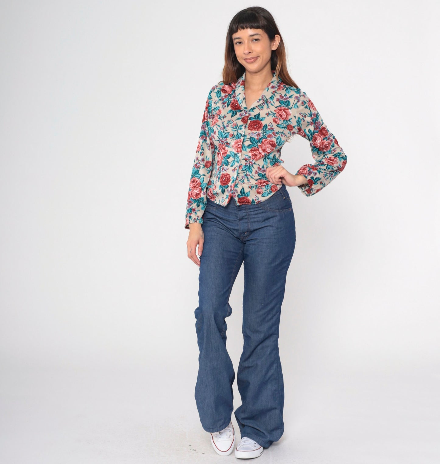70s Floral Print Button-Up Blouse Taupe Pink Blue Long Sleeve Collar Medium