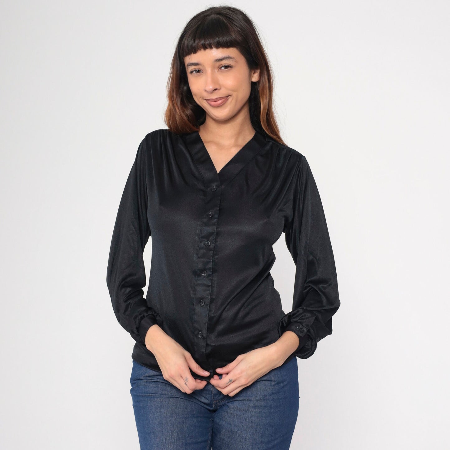 70s Black Polyester Button-Up Blouse V-Neck Long Sleeve Small S