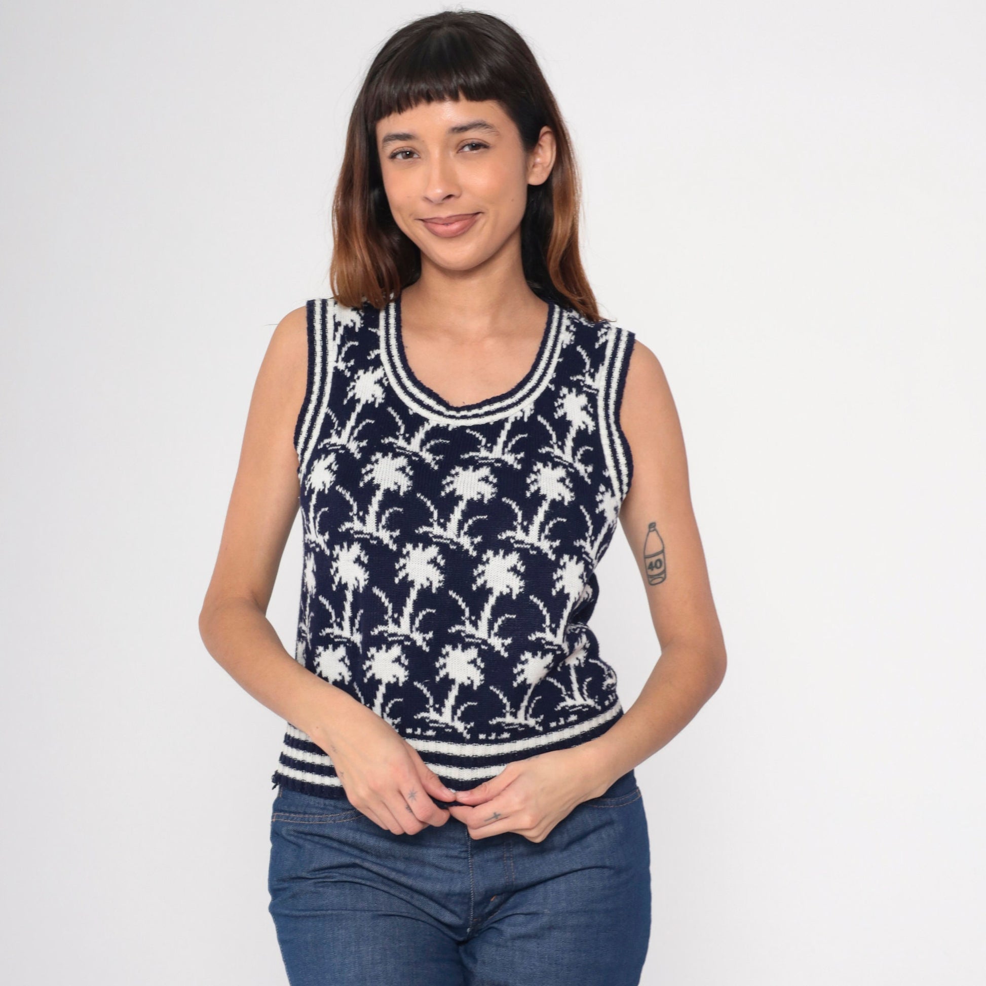 70s Palm Tree Knit Vest Navy White Scoop Neck Sleeveless Top Small S