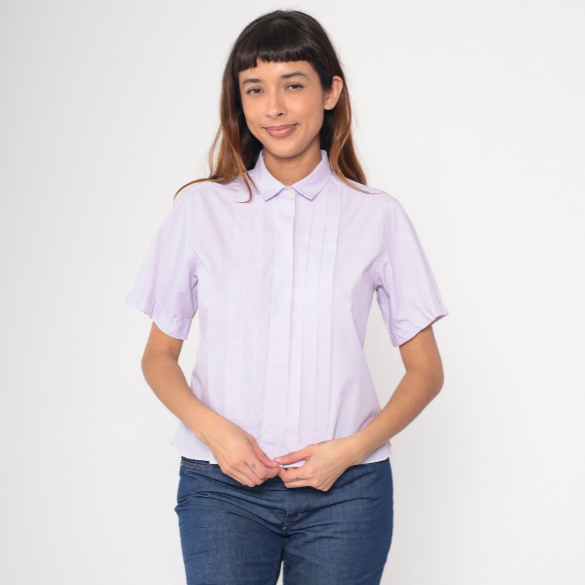 80s Lavender Pleated Button-Up Blouse Short Sleeve Cotton Blend Medium