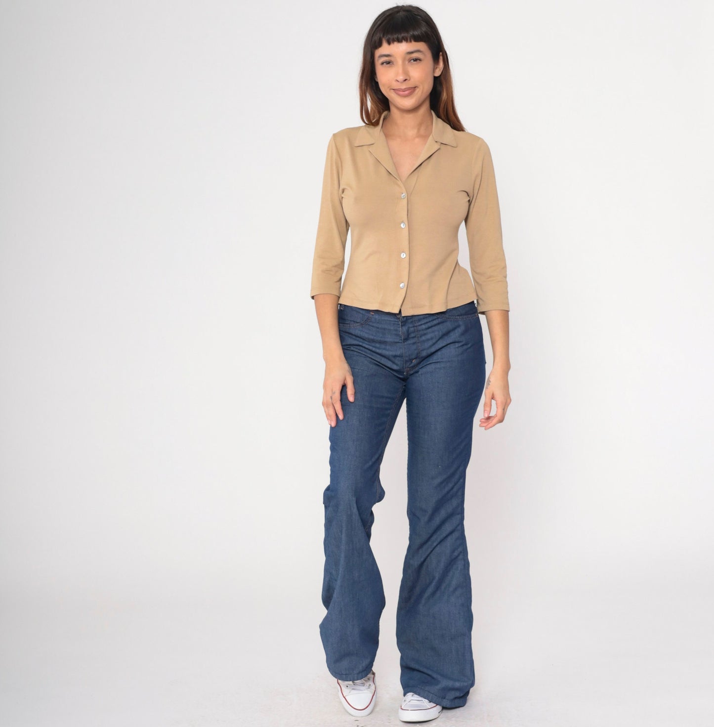 90s Tan Button-Up Blouse Collared 3/4 Sleeve Shirt Small S