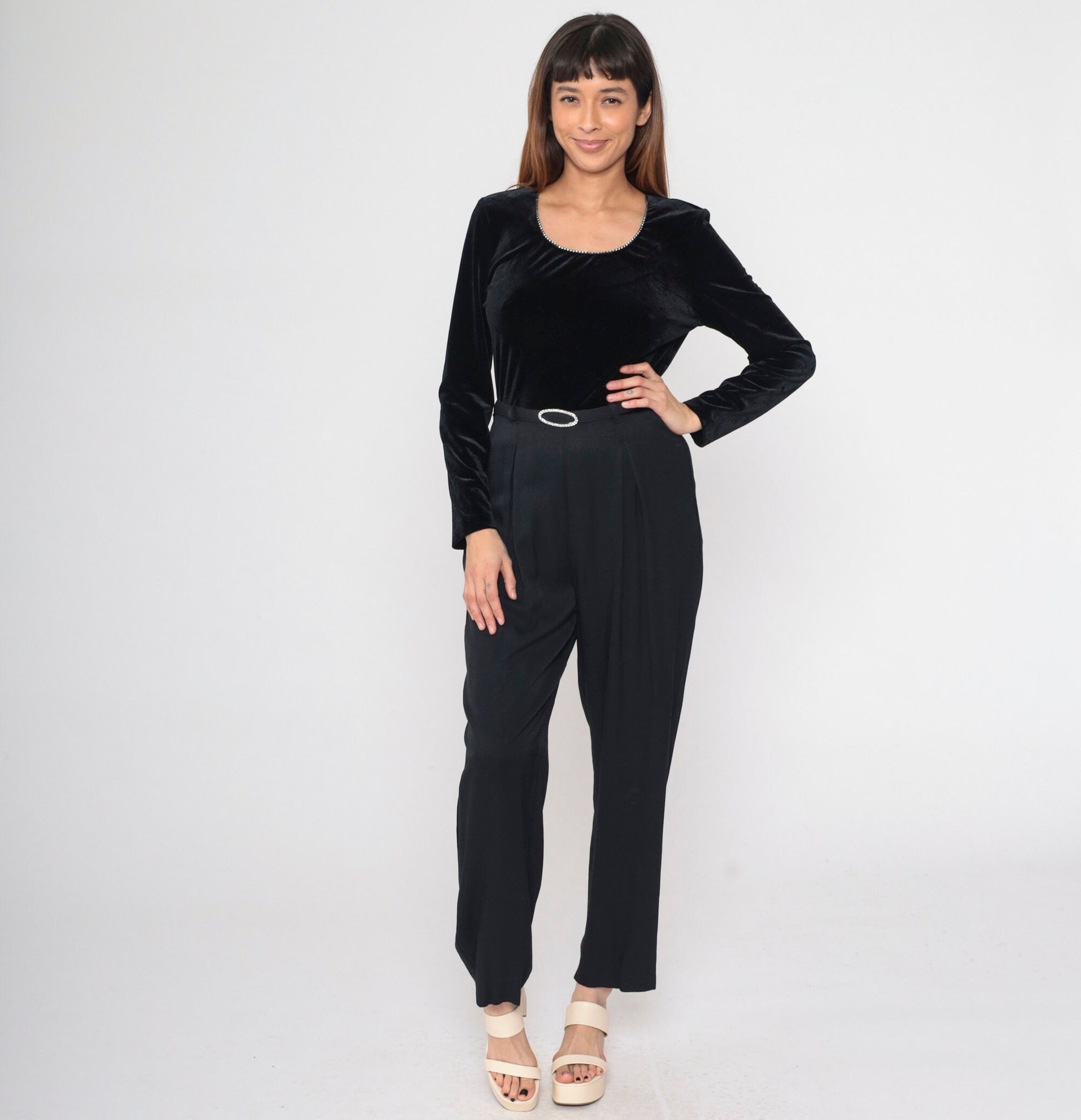 90s Black Velvet Jumpsuit Rhinestone Scoop Neck Tapered Long Sleeve Medium