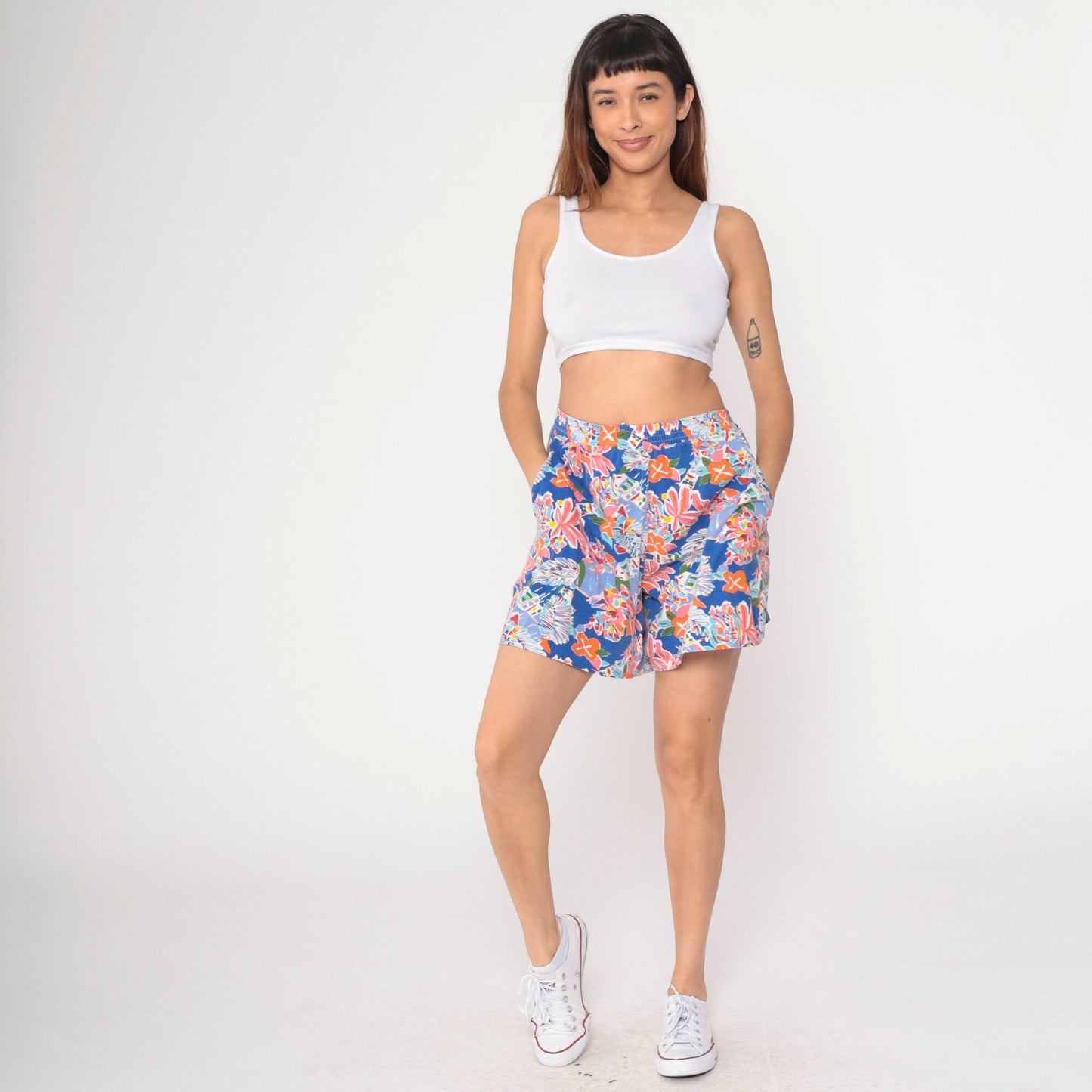 90s Tropical Floral Abstract Cotton Shorts High Waist Small Medium