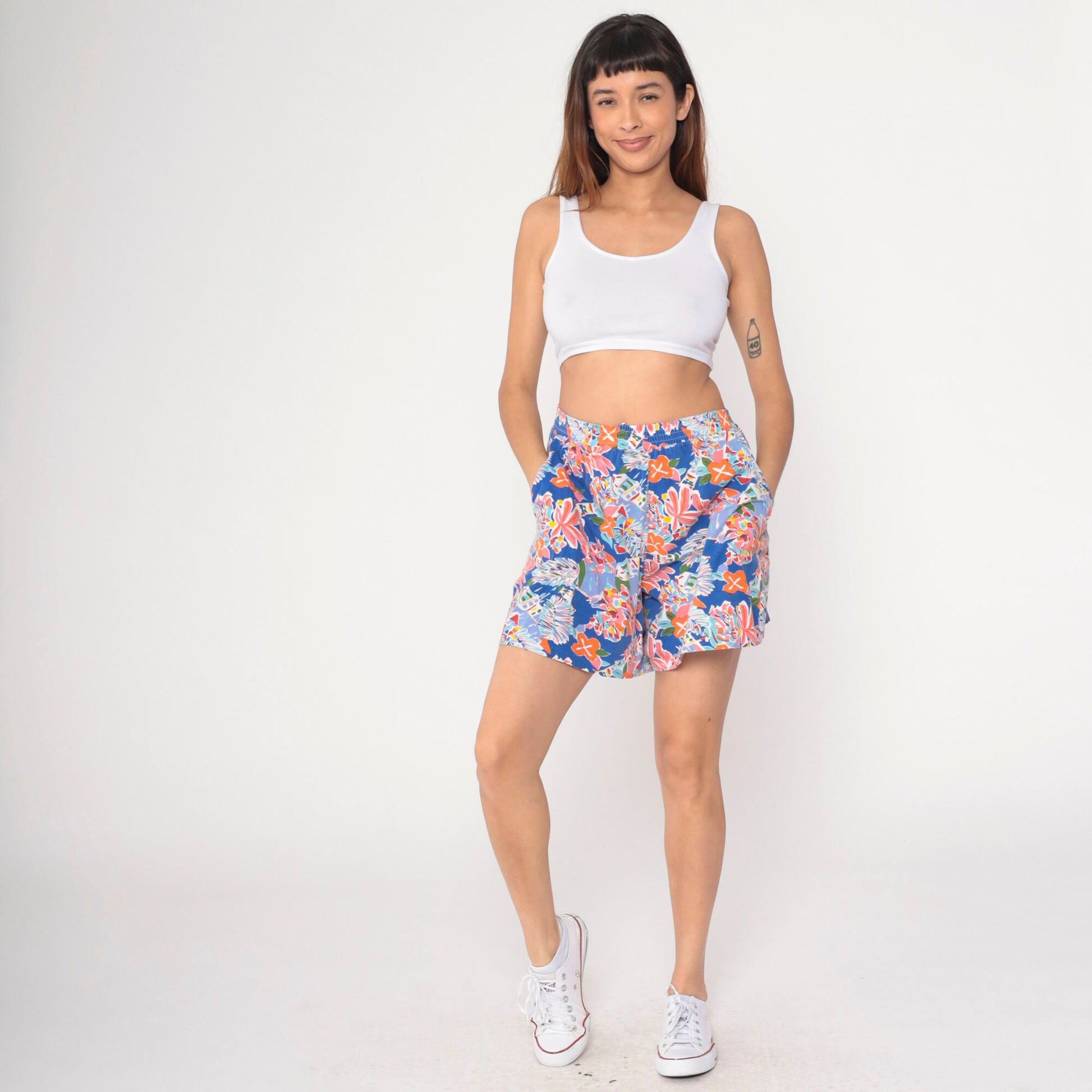 90s Tropical Floral Abstract Cotton Shorts High Waist Small Medium