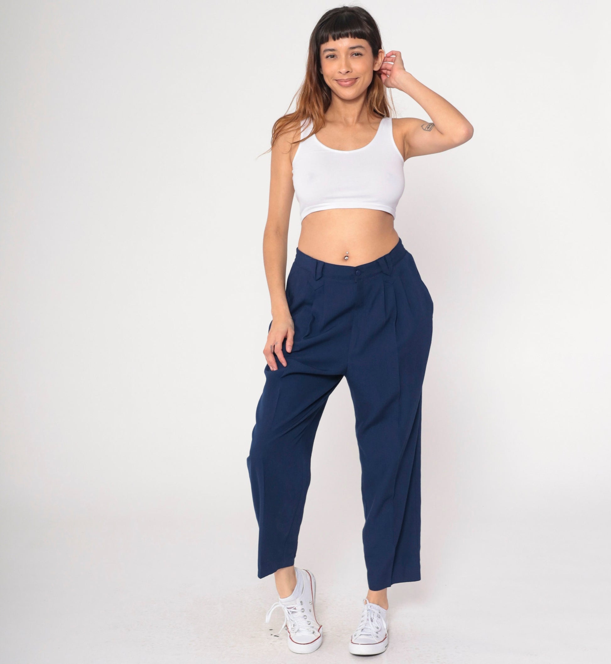 90s Navy Pleated High-Waist Tapered Trousers Medium Large Petite