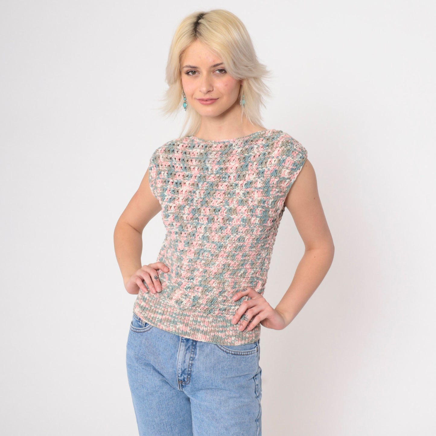 80s Openwork Crochet Sweater Top Ombre Pink Blue Cap Sleeve Extra Small