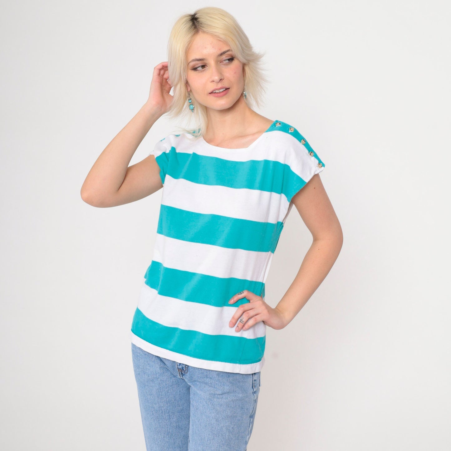 80s 90s Honors Striped Cap Sleeve T-Shirt Turquoise White Medium