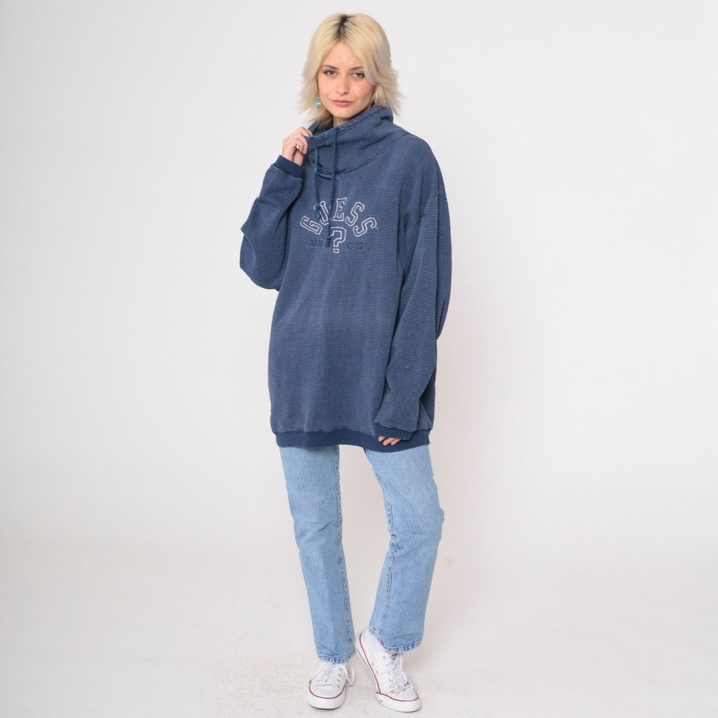 90s Guess Striped Blue Drawstring Cowl Neck Sweatshirt Large
