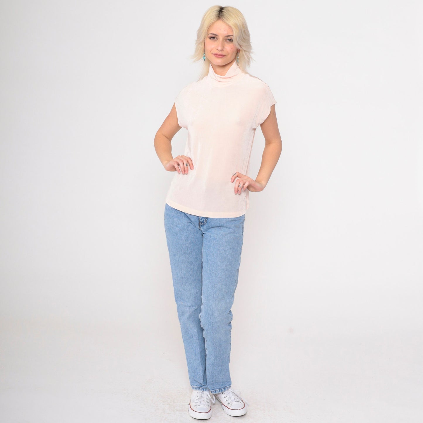 90s Coldwater Creek Mock Neck Top Baby Pink Cap Sleeve Medium M
