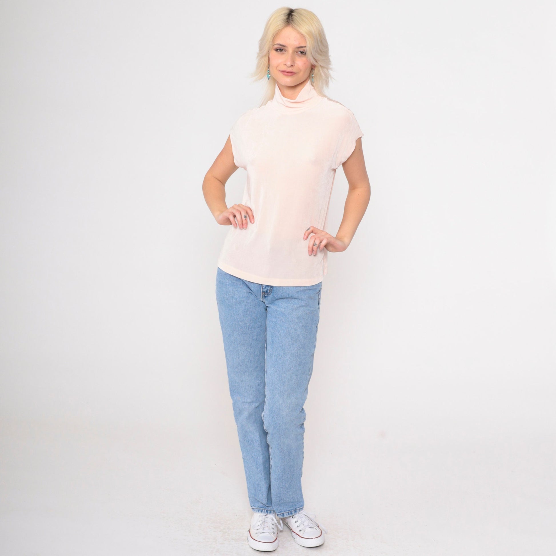 90s Coldwater Creek Mock Neck Top Baby Pink Cap Sleeve Medium M