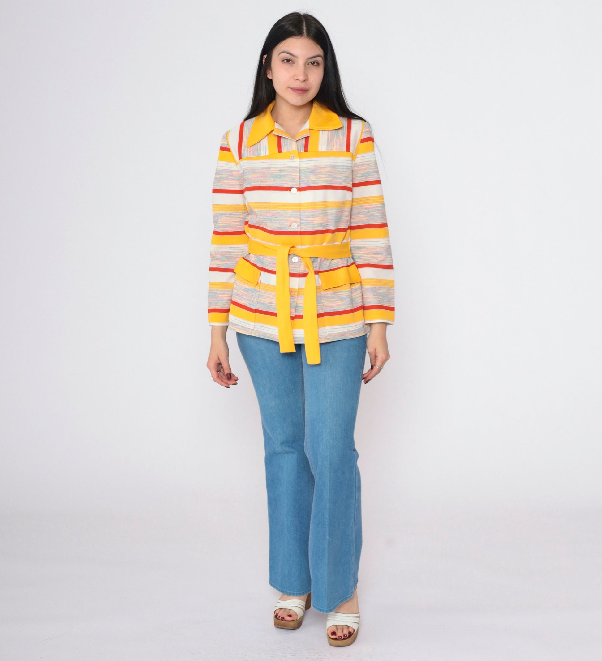 70s Yellow Red Striped Button-Up Blouse Pointed Collar Long Sleeve Small