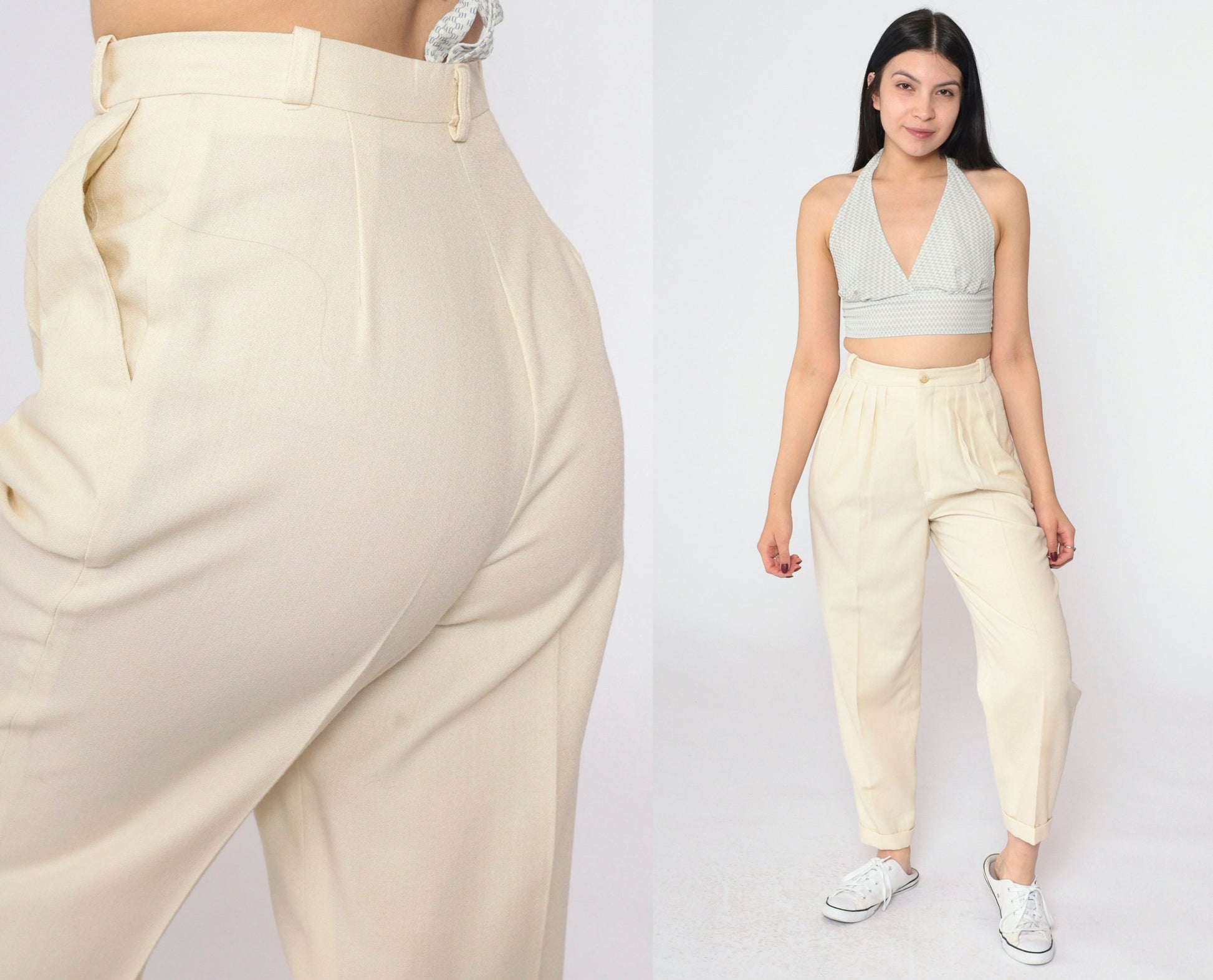 80s Cream Pleated High-Waist Trousers Tapered Leg Small S